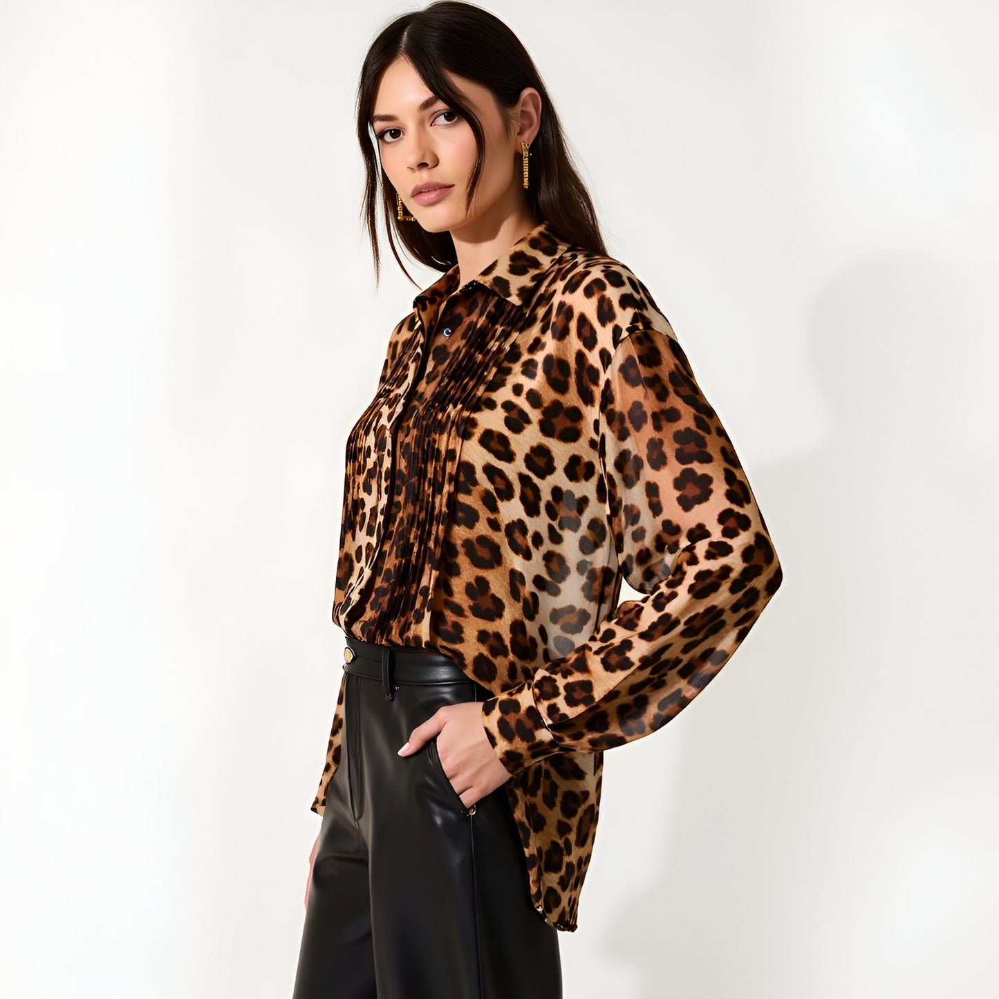 Leopard Print Button-Up Blouse with Pleated Front and Classic Point Collar