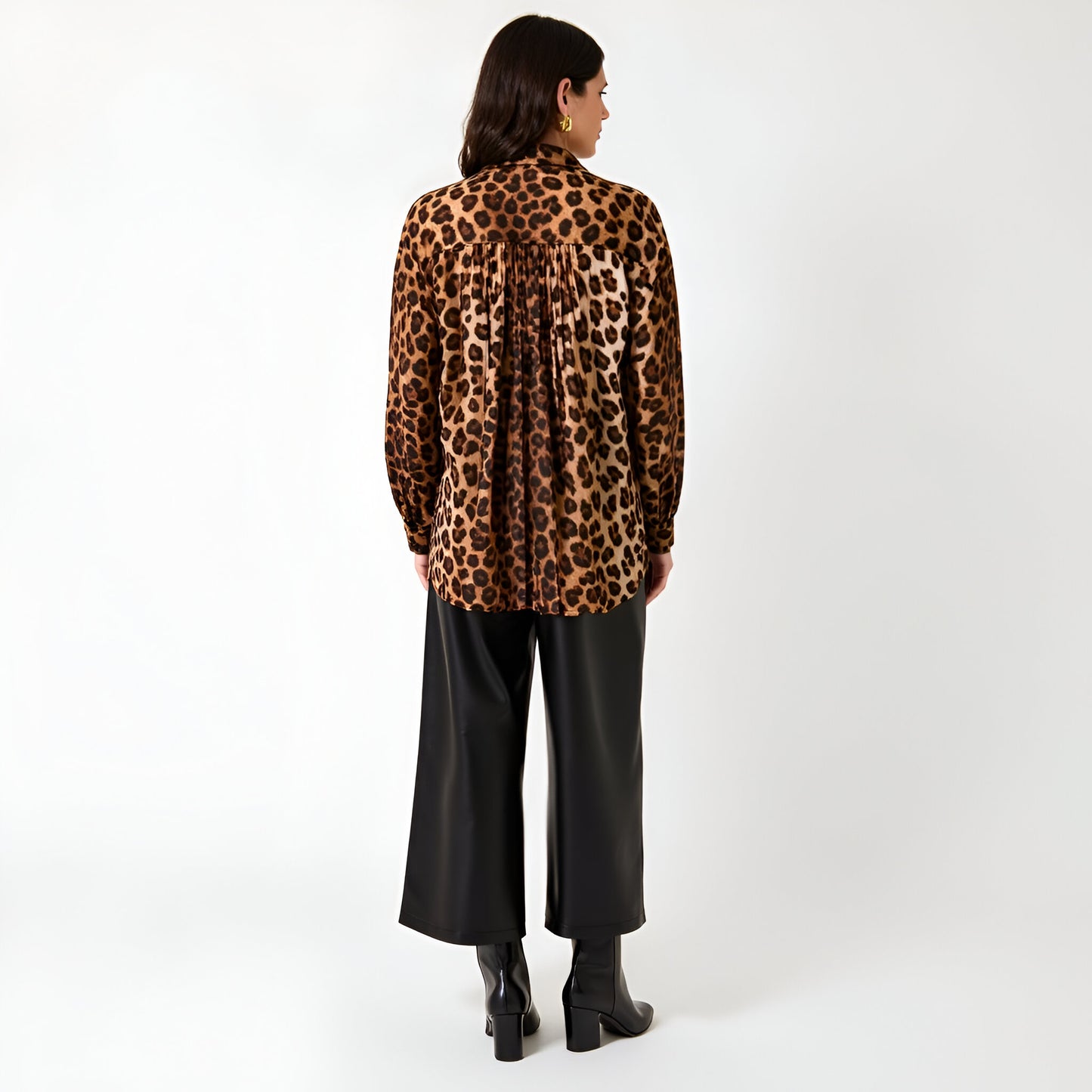 Leopard Print Button-Up Blouse with Pleated Front and Classic Point Collar