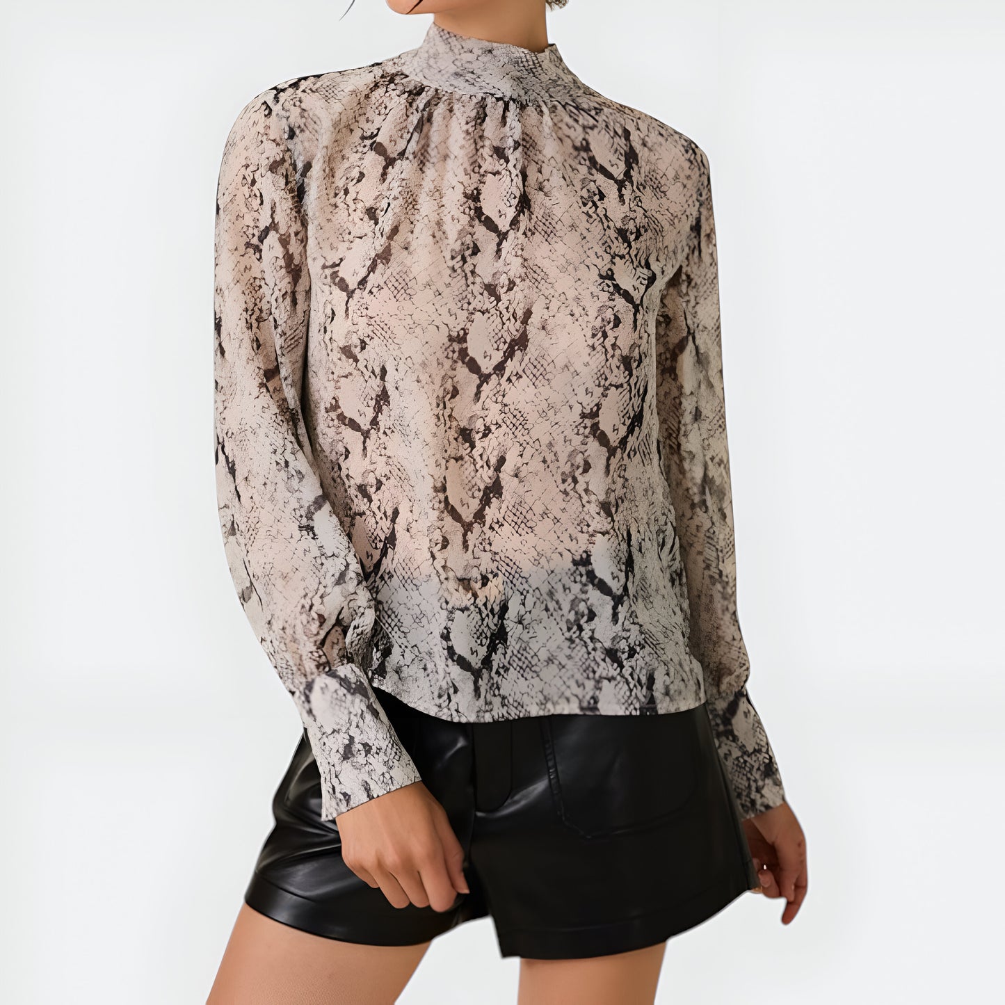 Snake Print Mock Neck Blouse with Tie Back, Sheer Sleeves and Cuff Detail