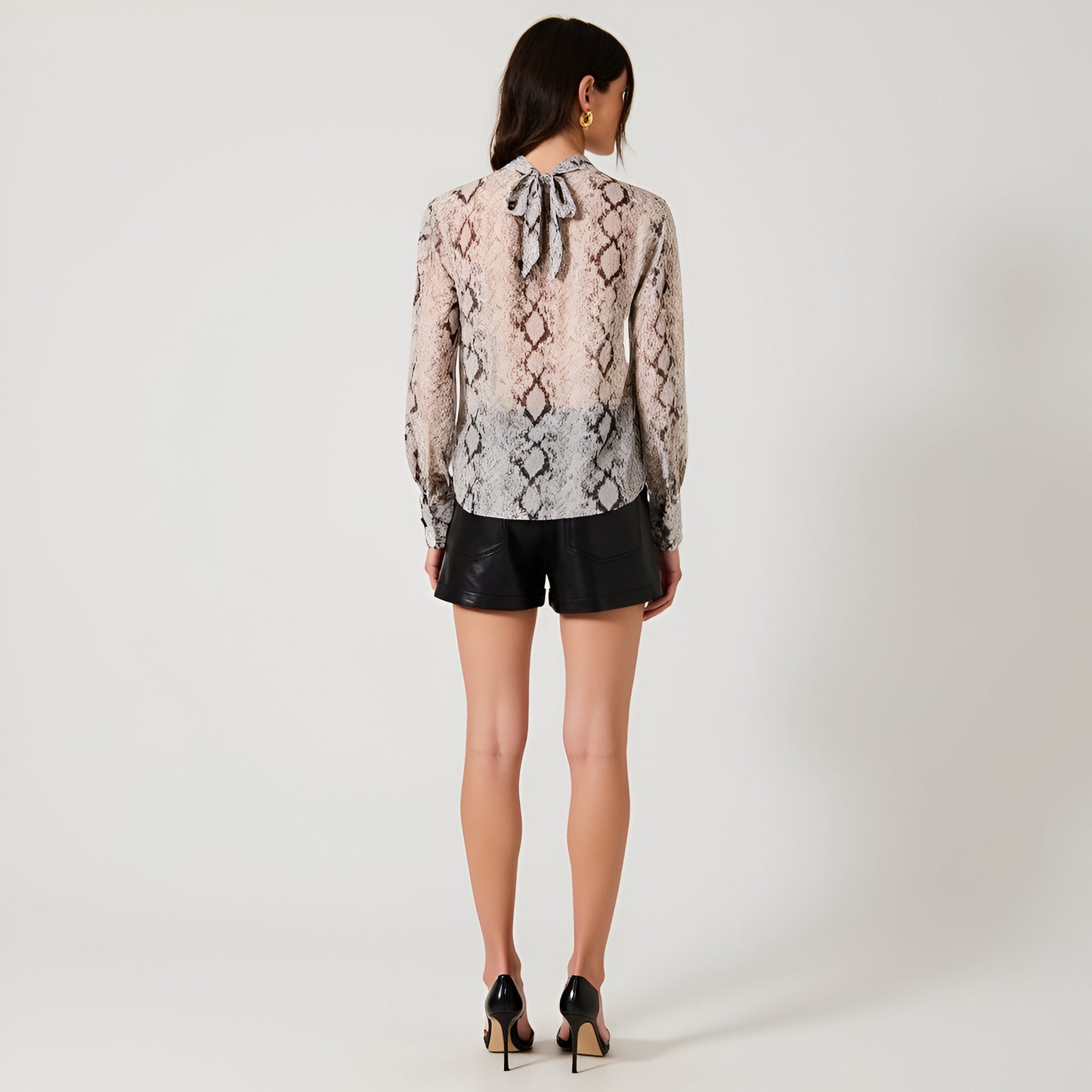 Snake Print Mock Neck Blouse with Tie Back, Sheer Sleeves and Cuff Detail