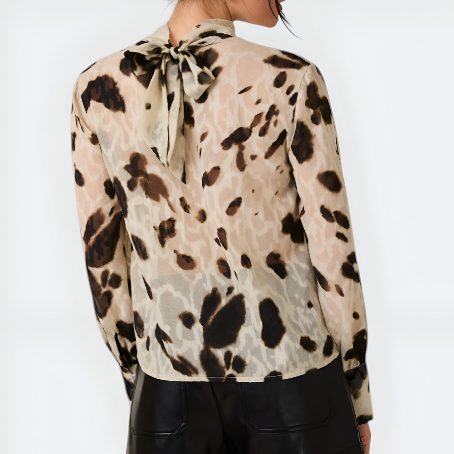 Leopard Print Sheer High Neck Blouse with Back Tie and Long Cuffed Sleeves