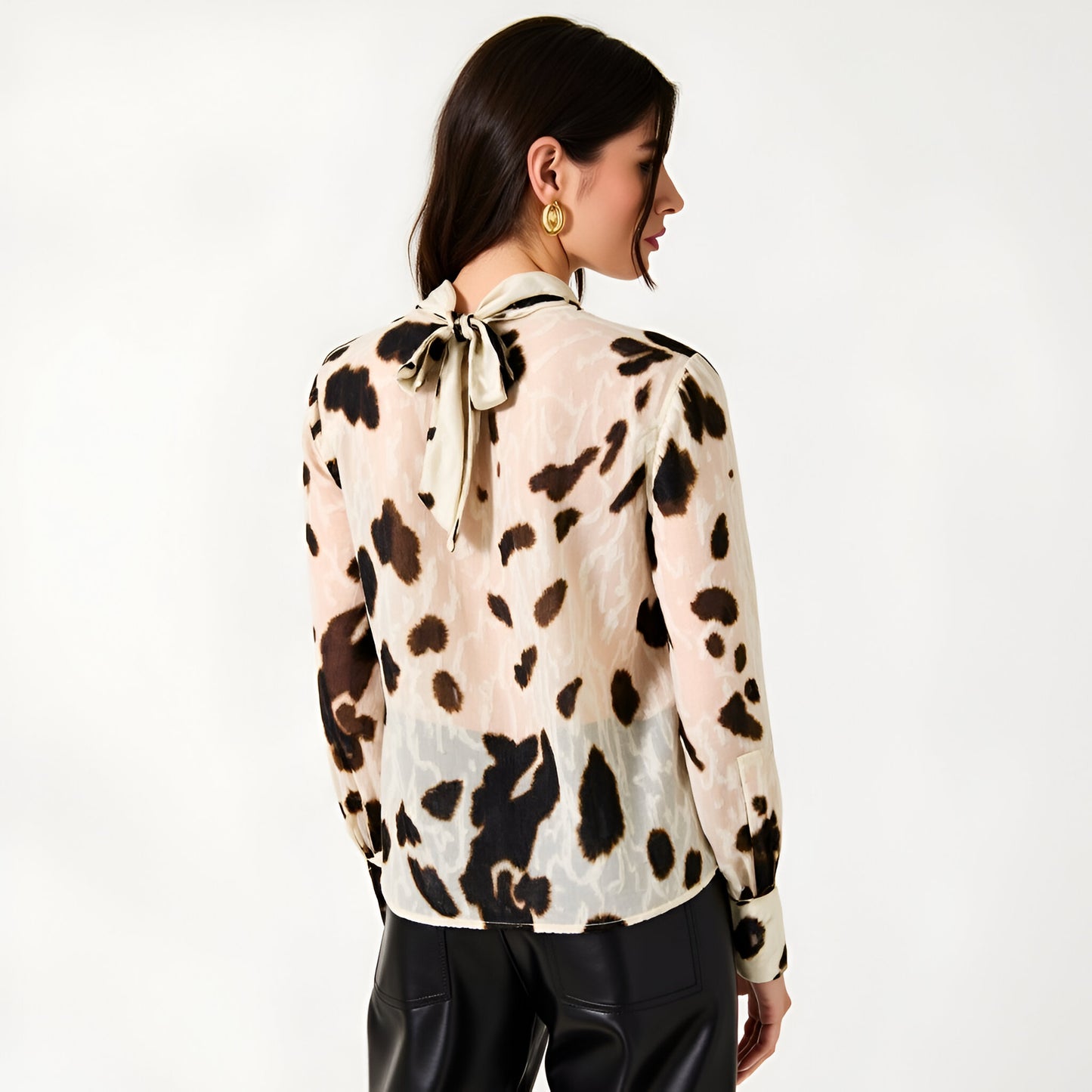 Leopard Print Sheer High Neck Blouse with Back Tie and Long Cuffed Sleeves