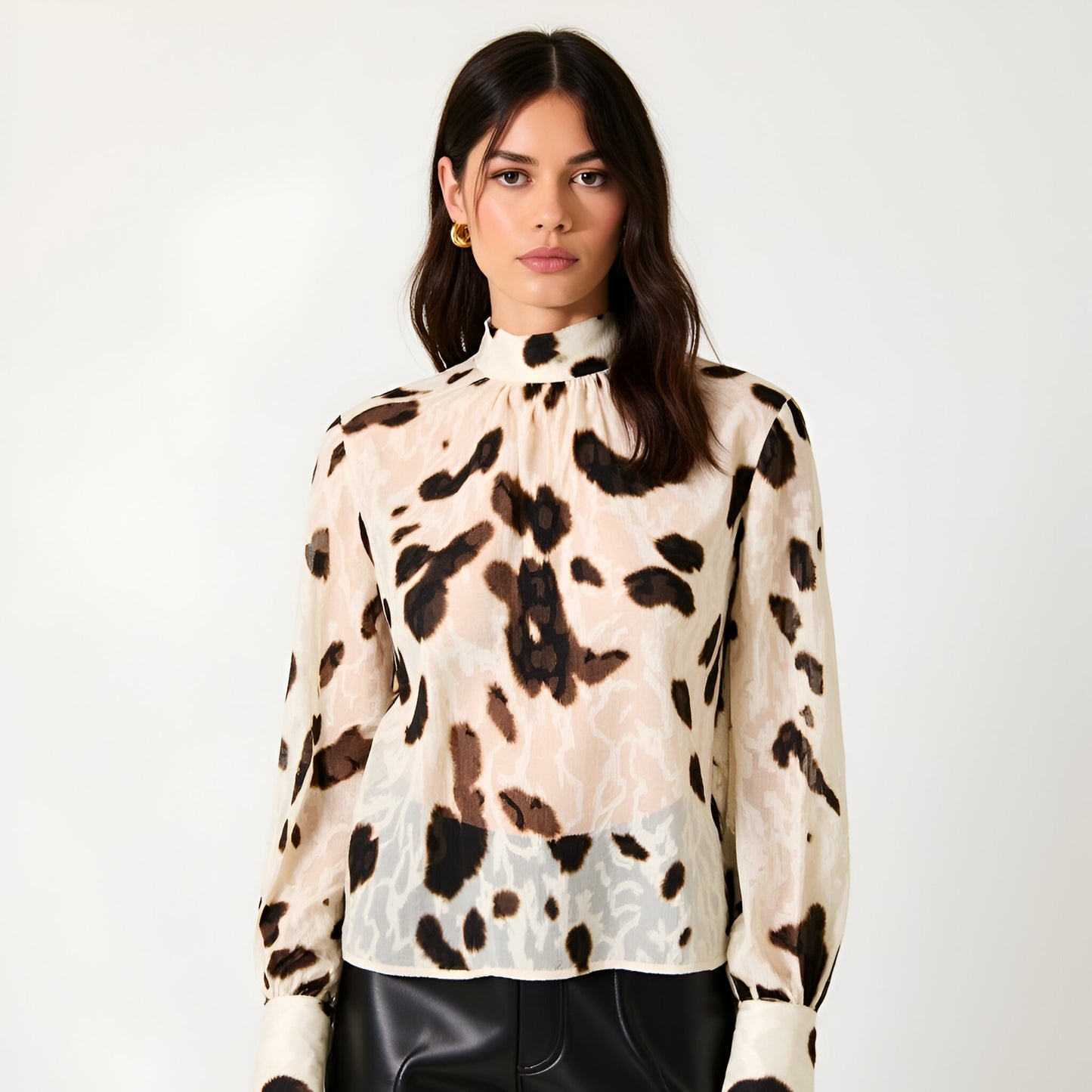 Leopard Print Sheer High Neck Blouse with Back Tie and Long Cuffed Sleeves
