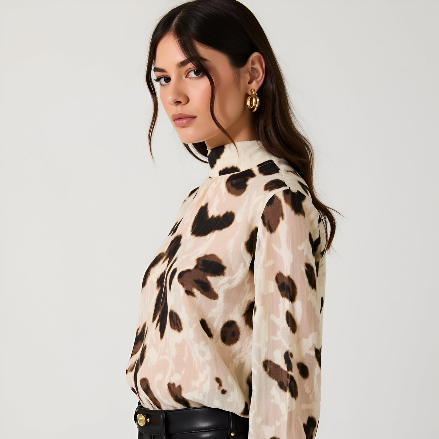 Leopard Print Sheer High Neck Blouse with Back Tie and Long Cuffed Sleeves