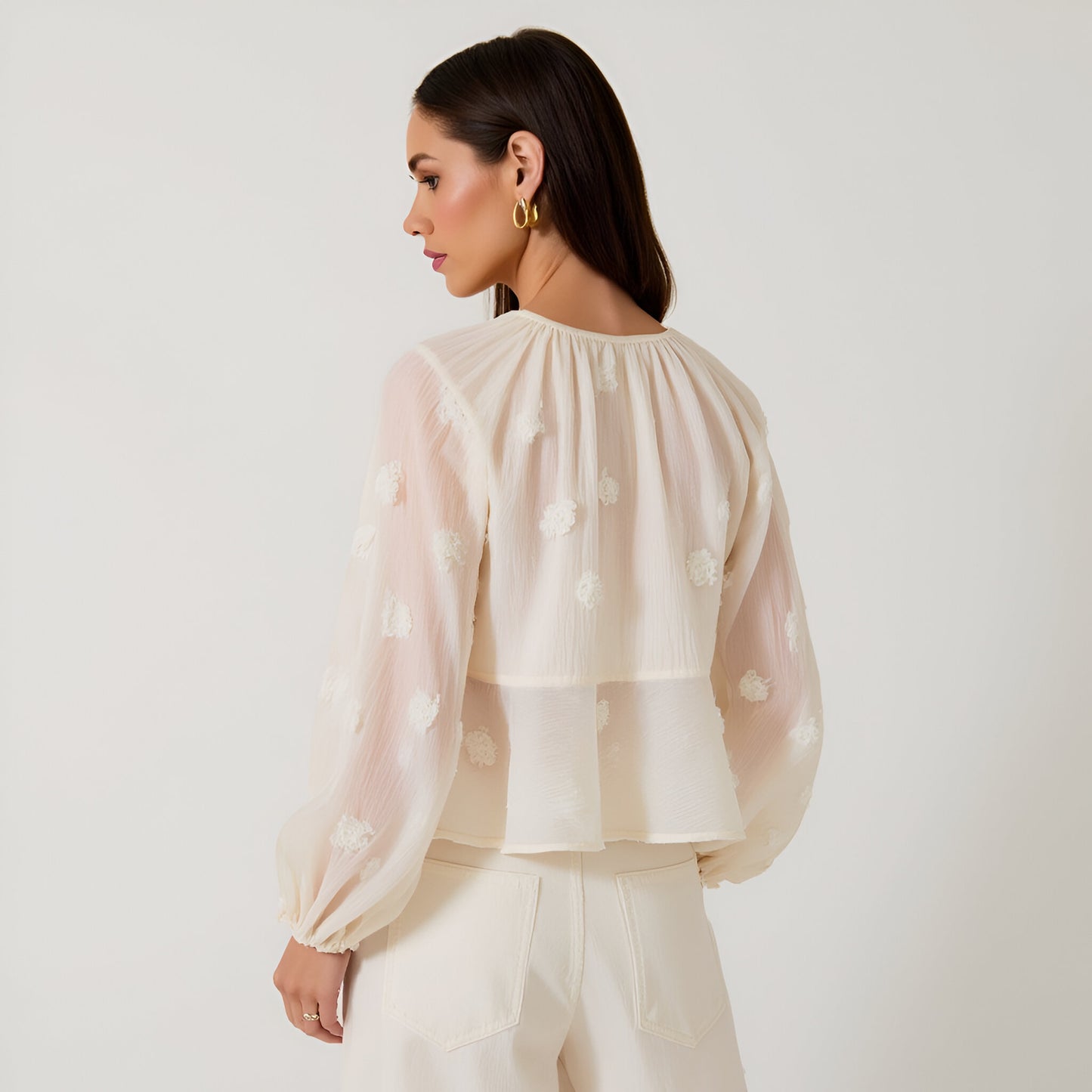 Sheer Embroidered Rose Blouse with Balloon Sleeves and Flowy Hem