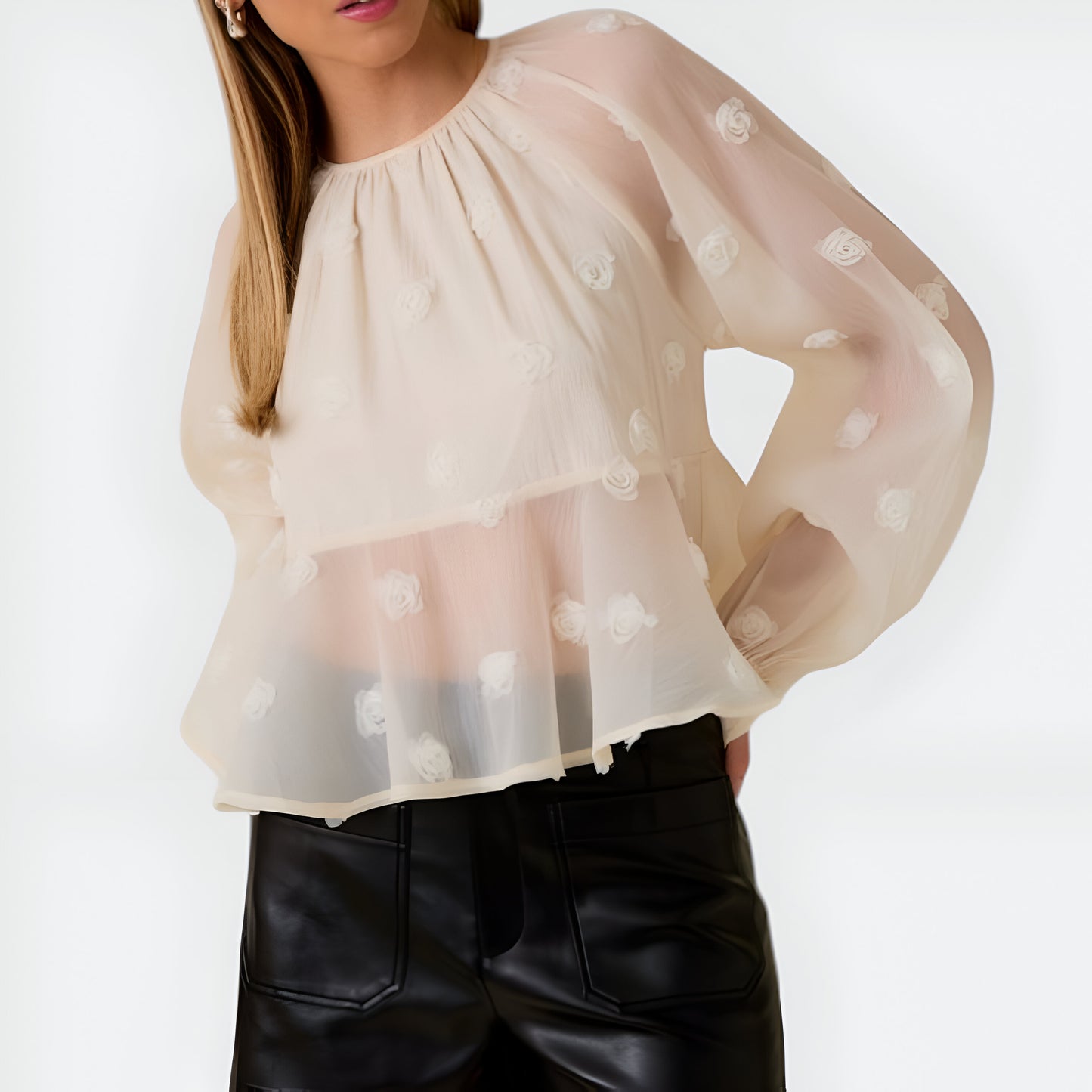 Sheer Embroidered Rose Blouse with Balloon Sleeves and Flowy Hem