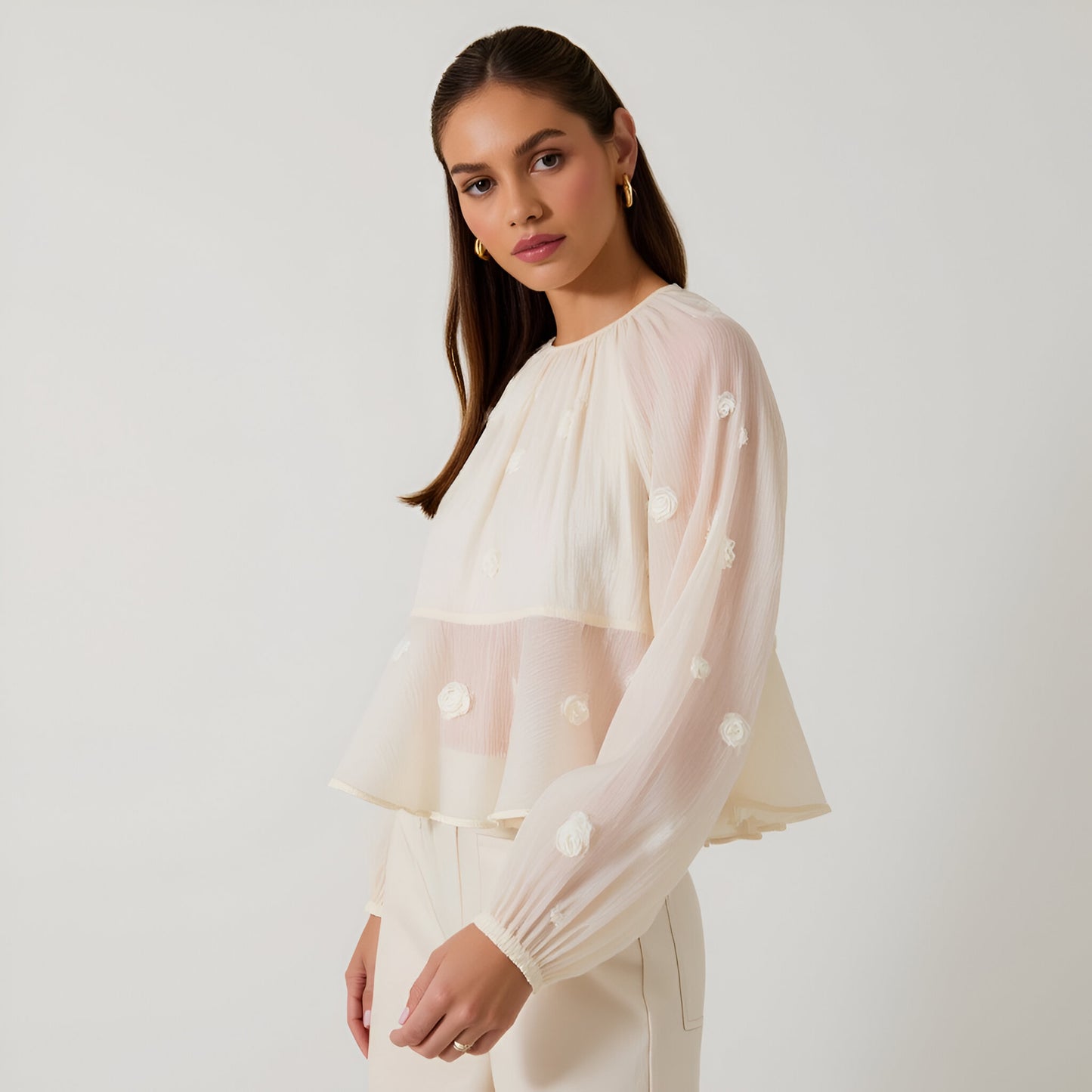 Sheer Embroidered Rose Blouse with Balloon Sleeves and Flowy Hem