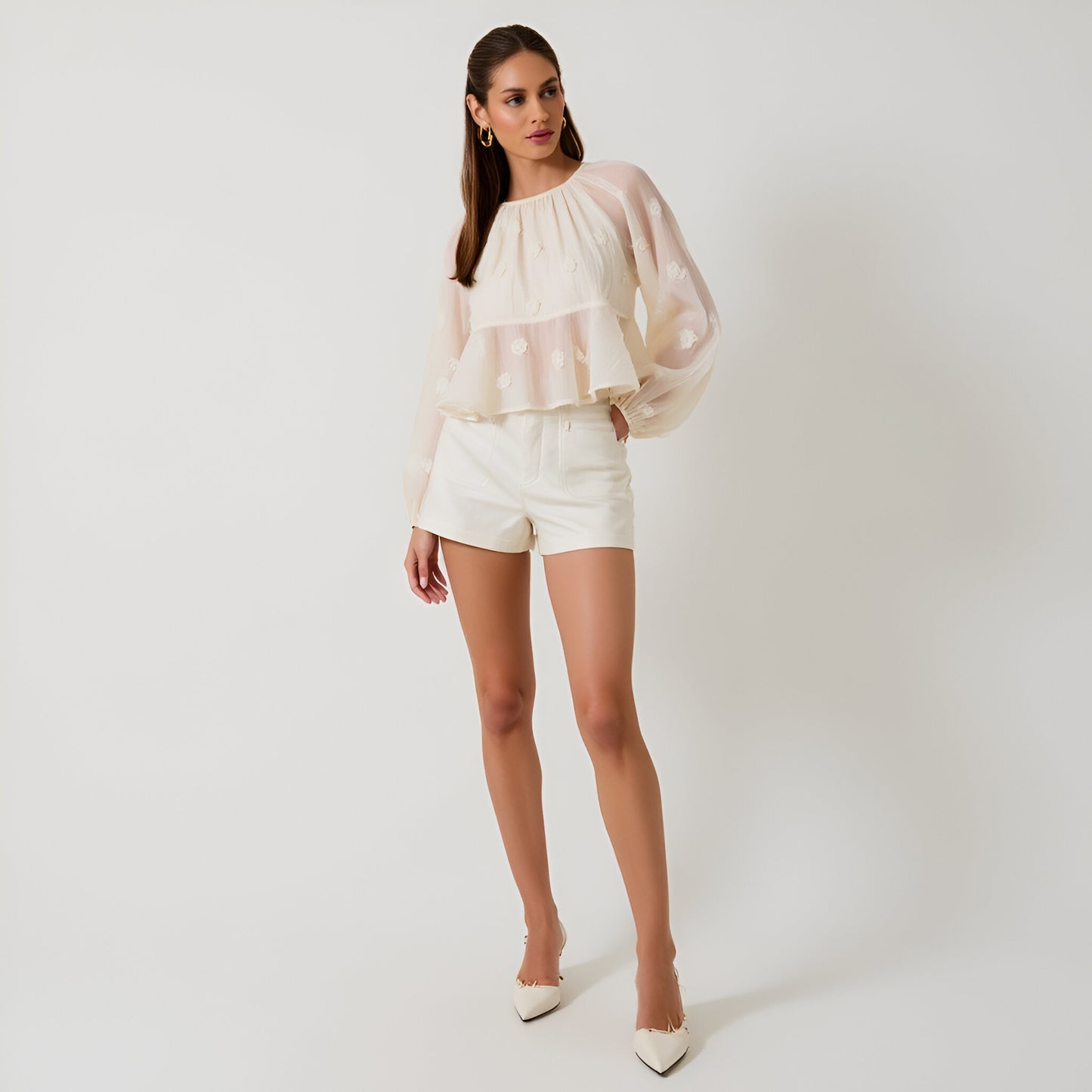 Sheer Embroidered Rose Blouse with Balloon Sleeves and Flowy Hem
