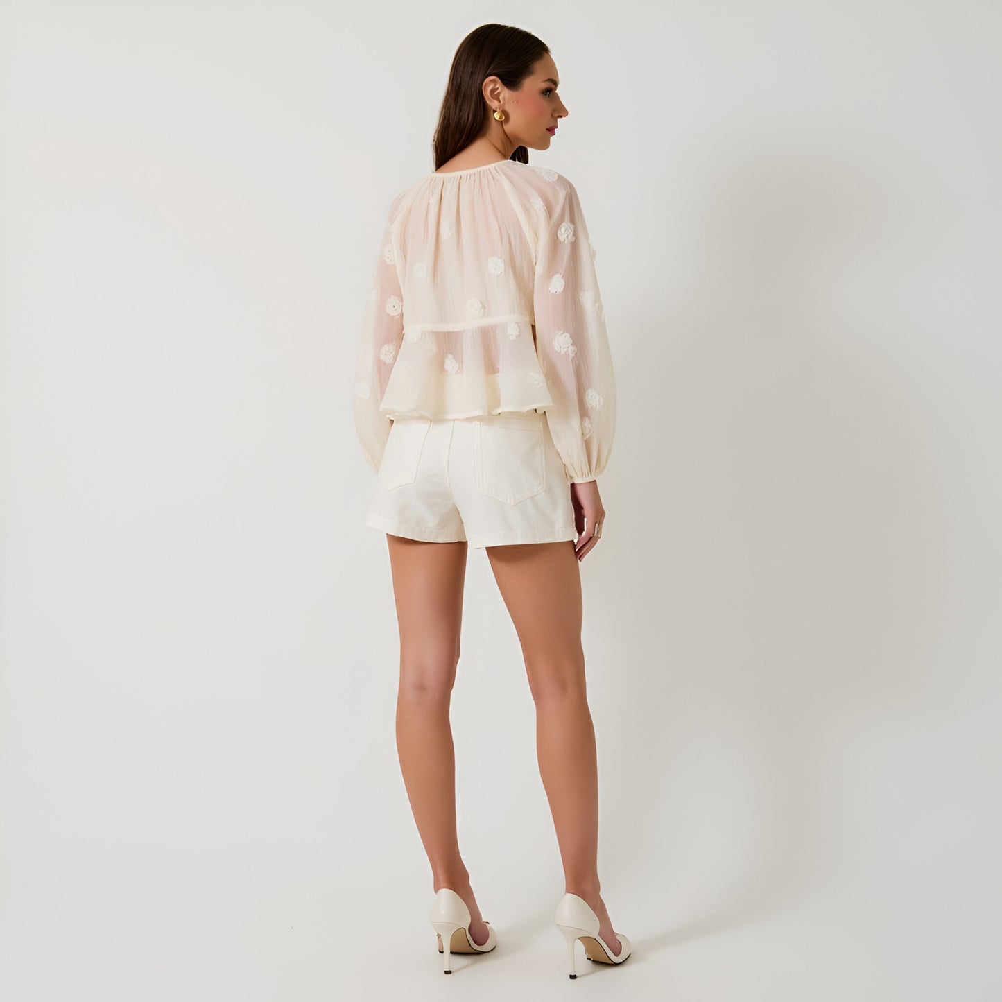 Sheer Embroidered Rose Blouse with Balloon Sleeves and Flowy Hem