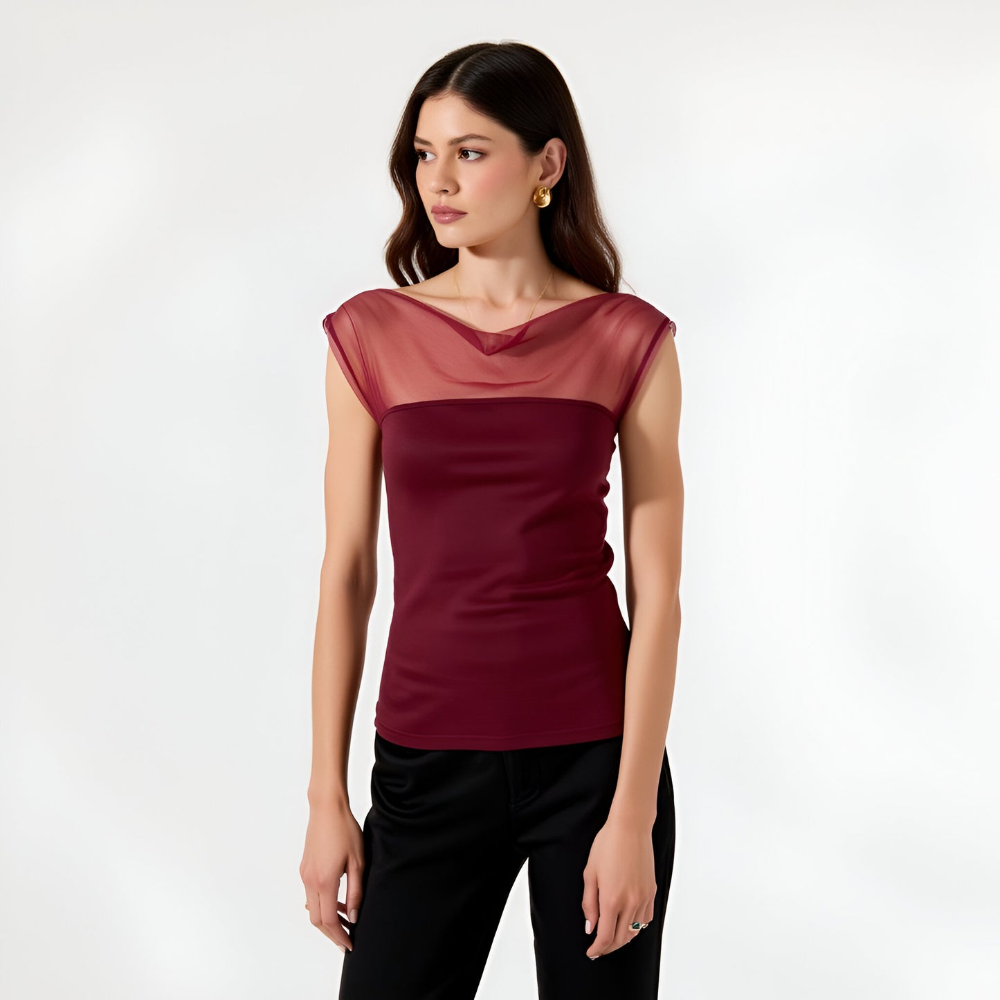 Cap Sleeve Mesh Yoke Top with Draped Neckline and Fitted Stretch Bodice