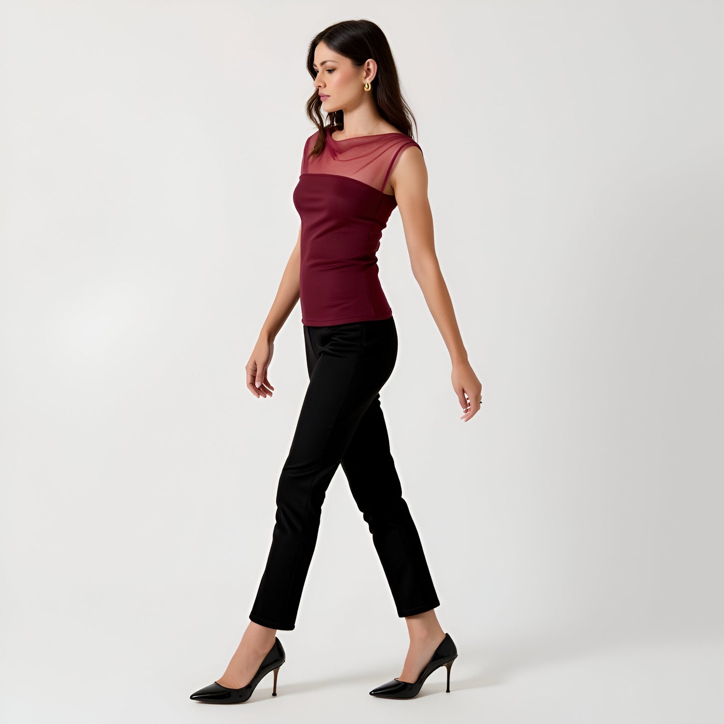 Cap Sleeve Mesh Yoke Top with Draped Neckline and Fitted Stretch Bodice