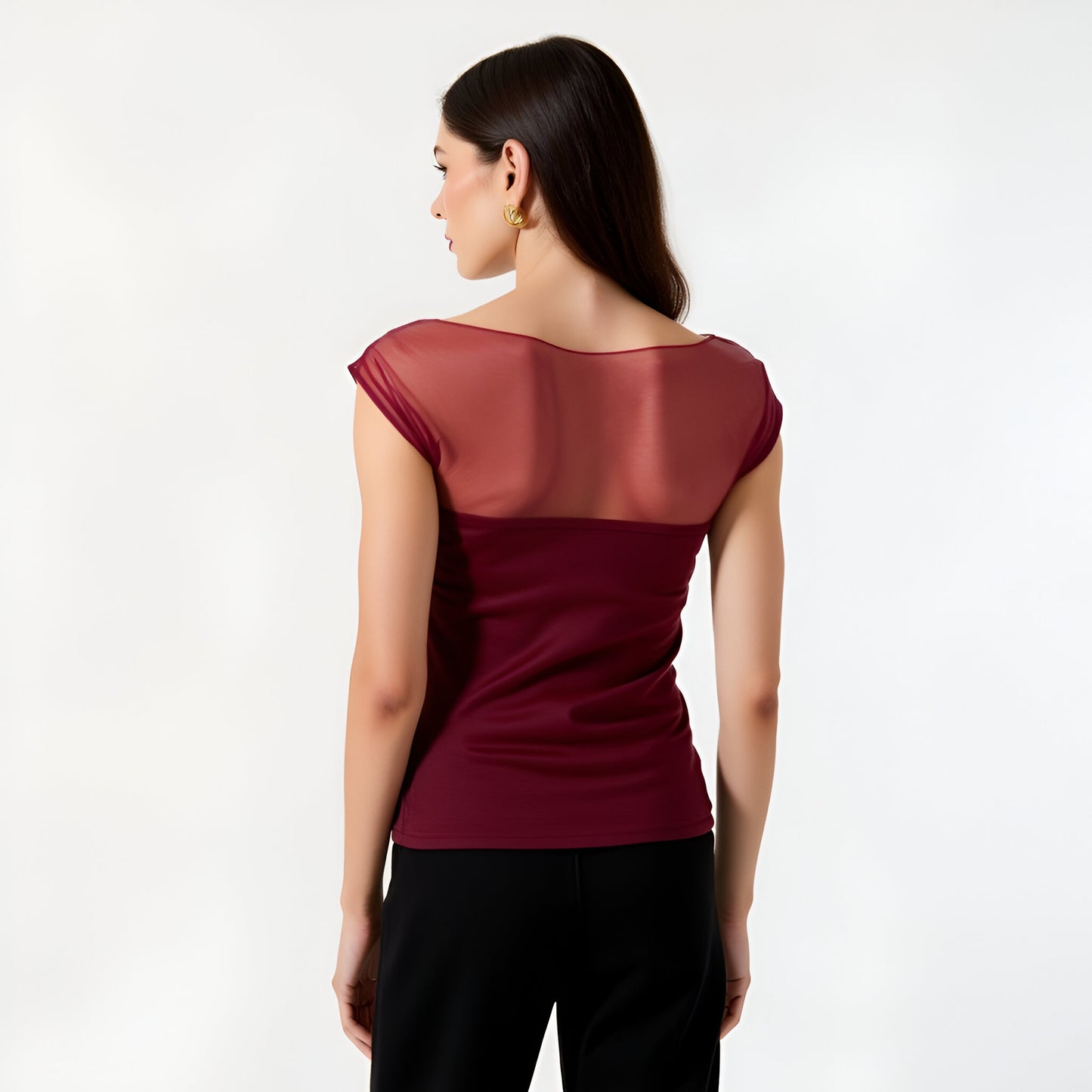 Cap Sleeve Mesh Yoke Top with Draped Neckline and Fitted Stretch Bodice