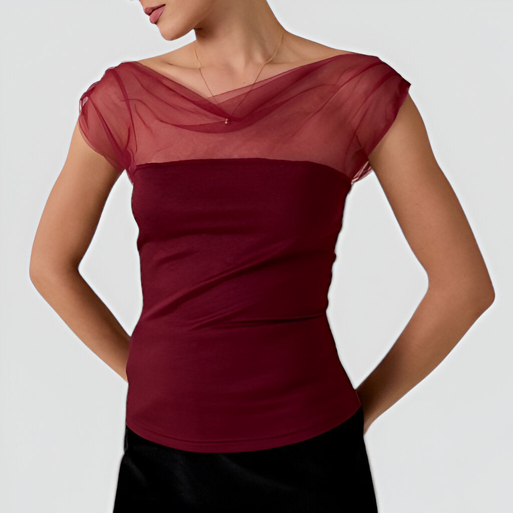 Cap Sleeve Mesh Yoke Top with Draped Neckline and Fitted Stretch Bodice