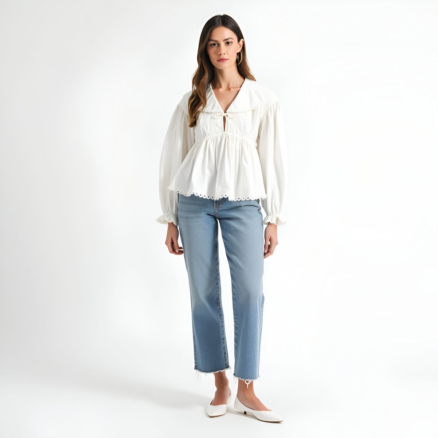 Peplum Blouse with Oversized Collar, Scalloped Trim and Long Sleeves