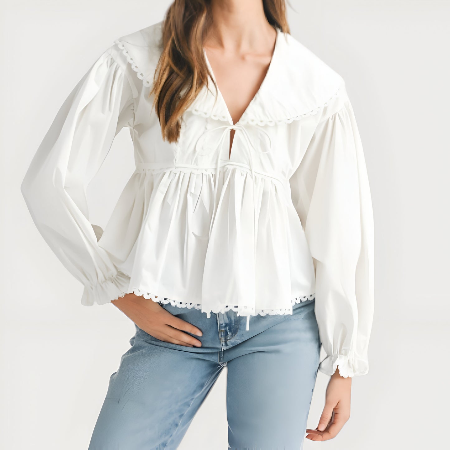 Peplum Blouse with Oversized Collar, Scalloped Trim and Long Sleeves