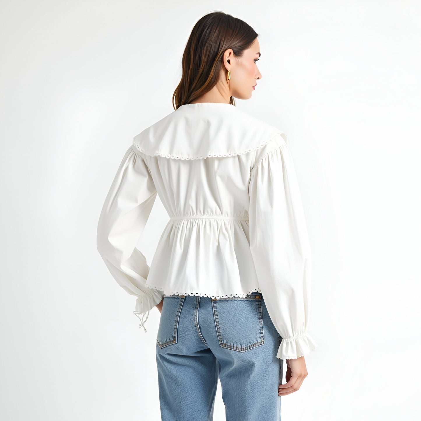 Peplum Blouse with Oversized Collar, Scalloped Trim and Long Sleeves