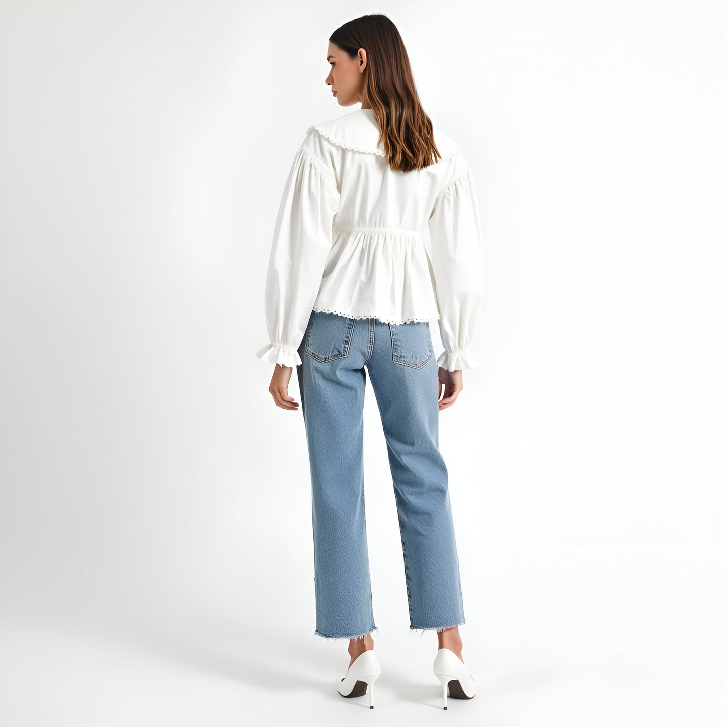 Peplum Blouse with Oversized Collar, Scalloped Trim and Long Sleeves