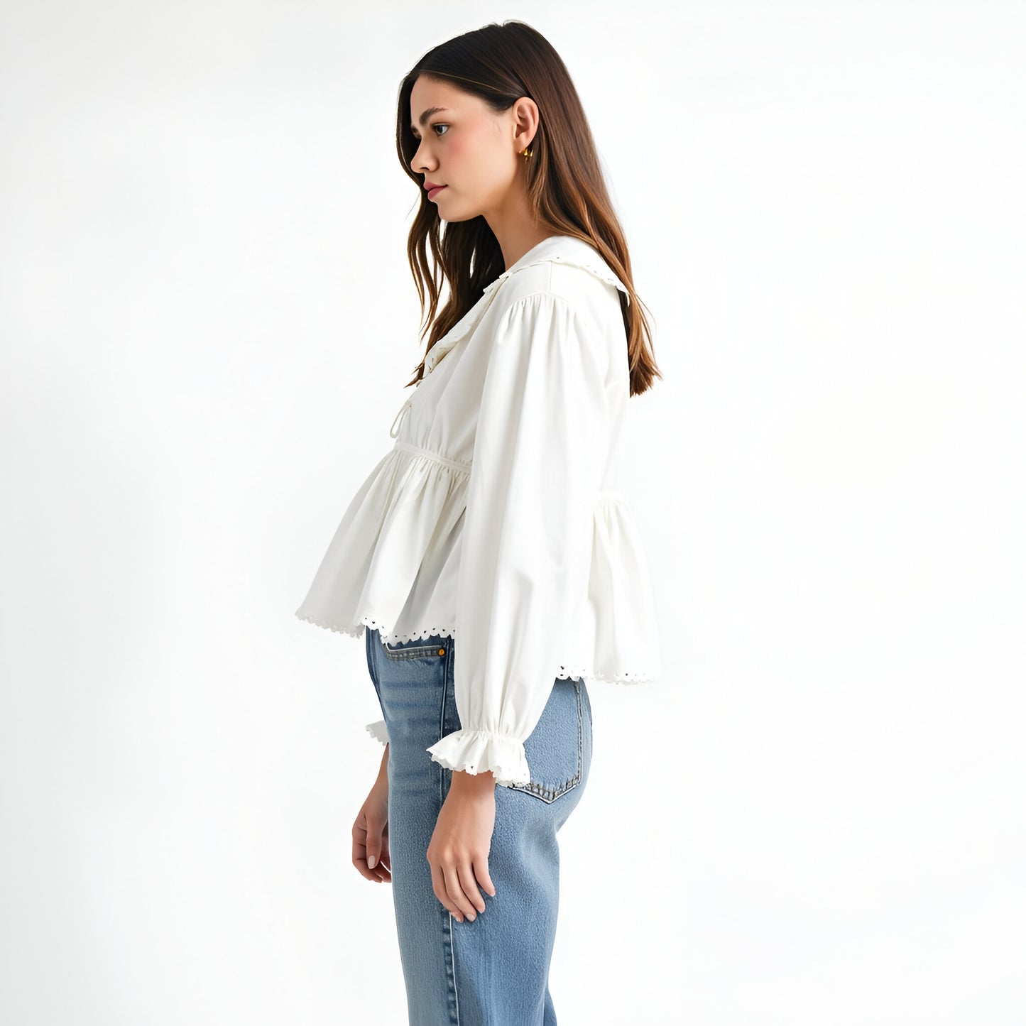 Peplum Blouse with Oversized Collar, Scalloped Trim and Long Sleeves