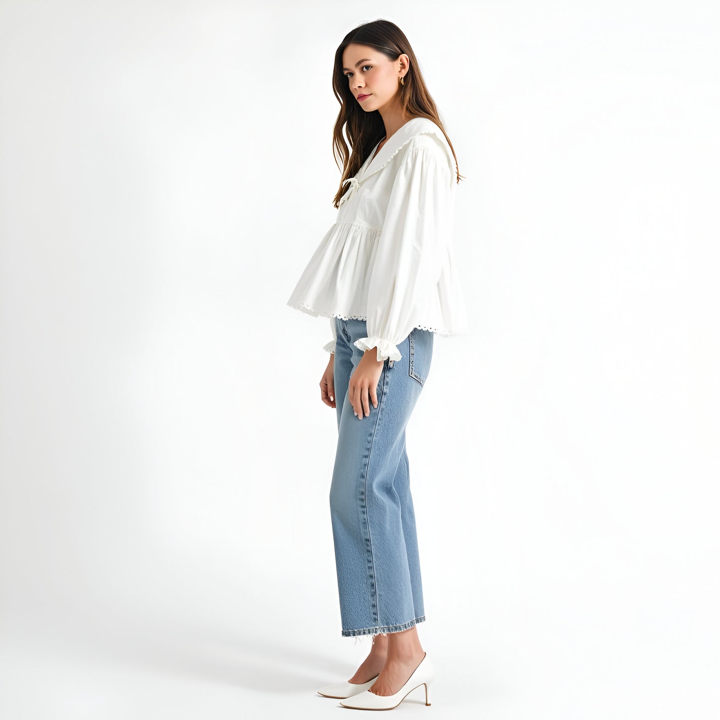 Peplum Blouse with Oversized Collar, Scalloped Trim and Long Sleeves