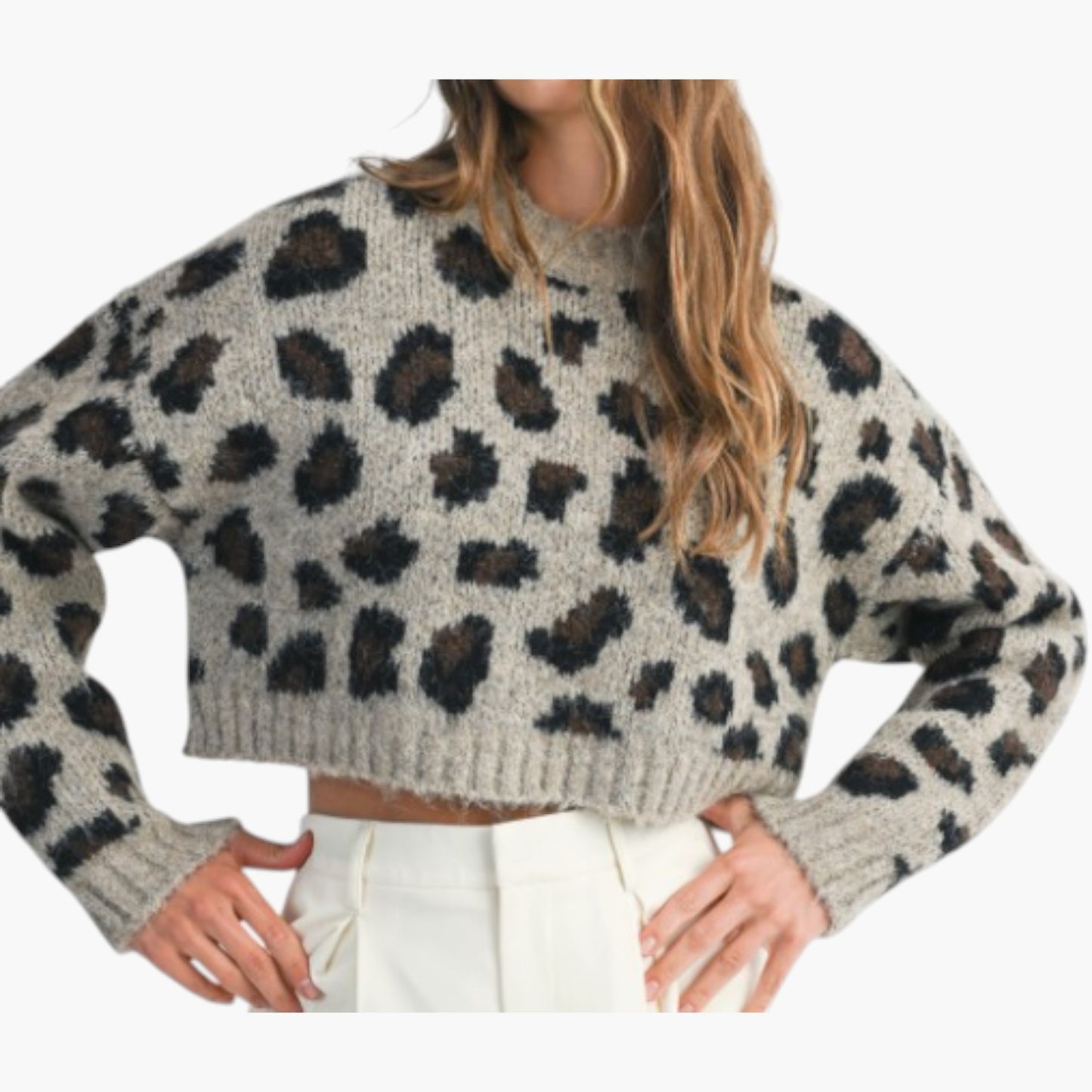 Cropped Leopard Print Sweater with Ribbed Hem and Long Sleeves