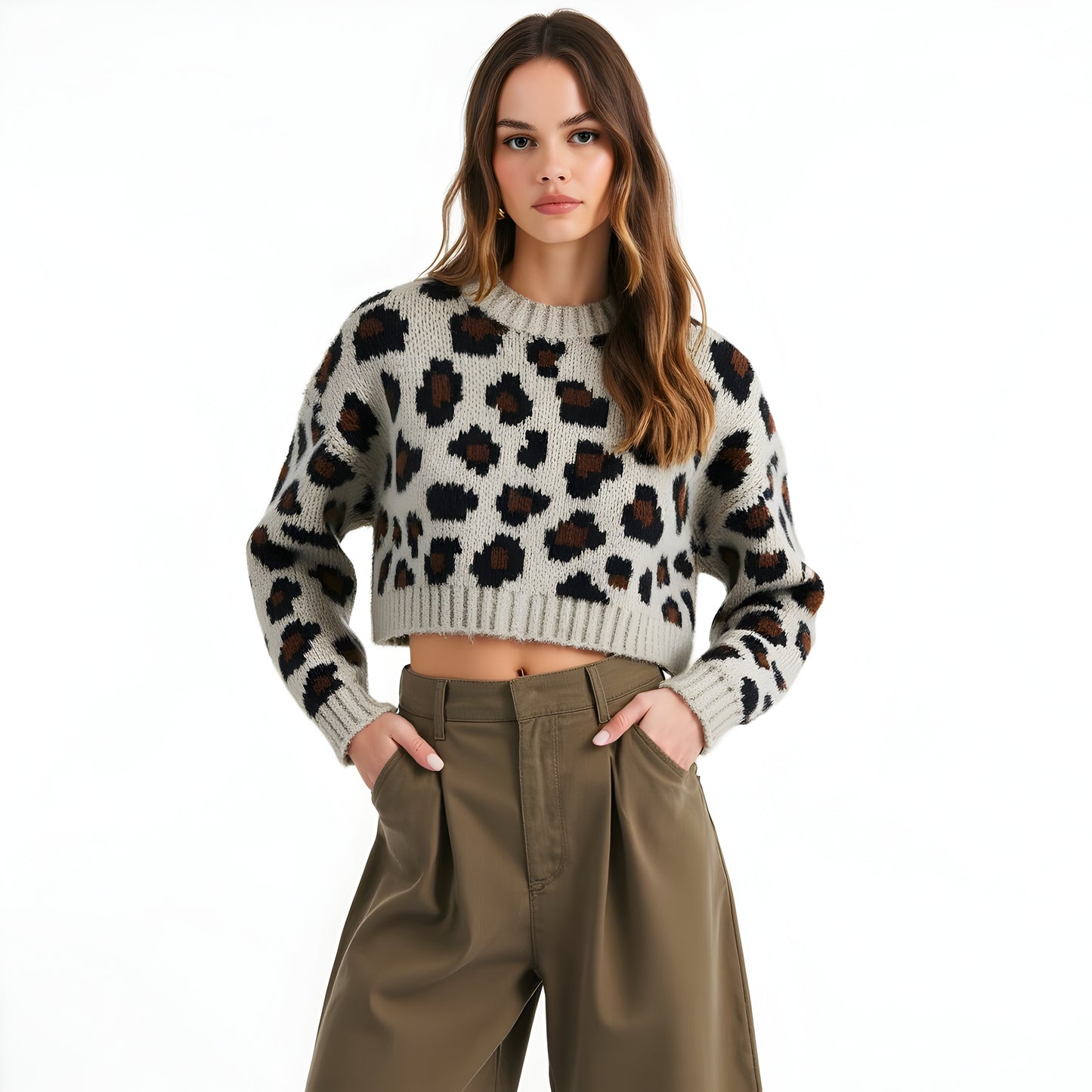 Cropped Leopard Print Sweater with Ribbed Hem and Long Sleeves