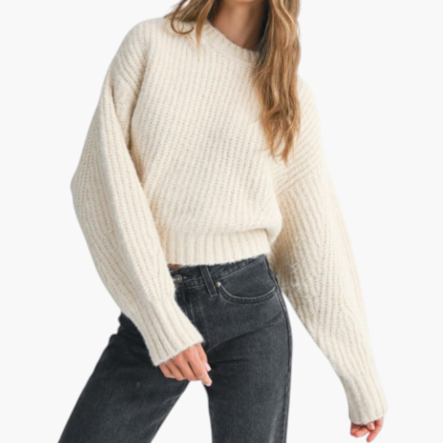 Ribbed Knit Sweater with Drop Shoulders and Cropped Hem