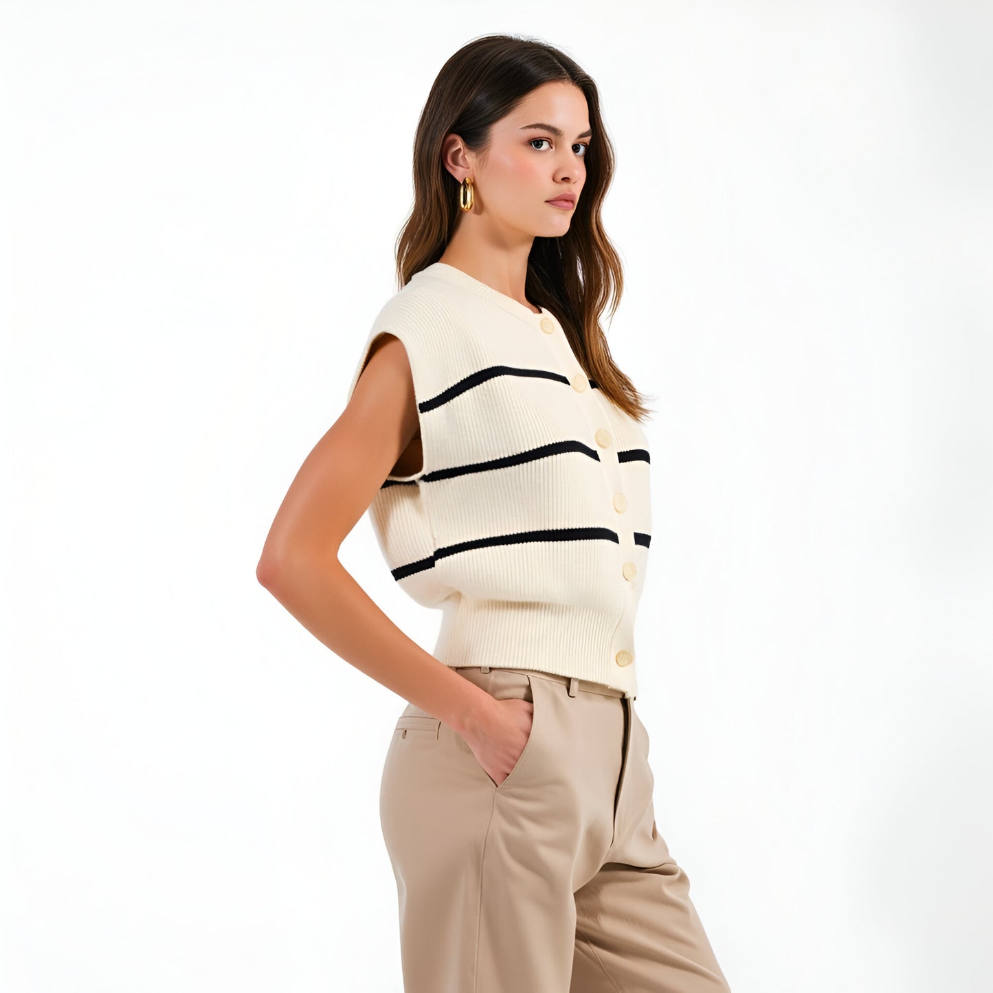 Sleeveless Ribbed Knit Cardigan Top with Horizontal Stripe Detail