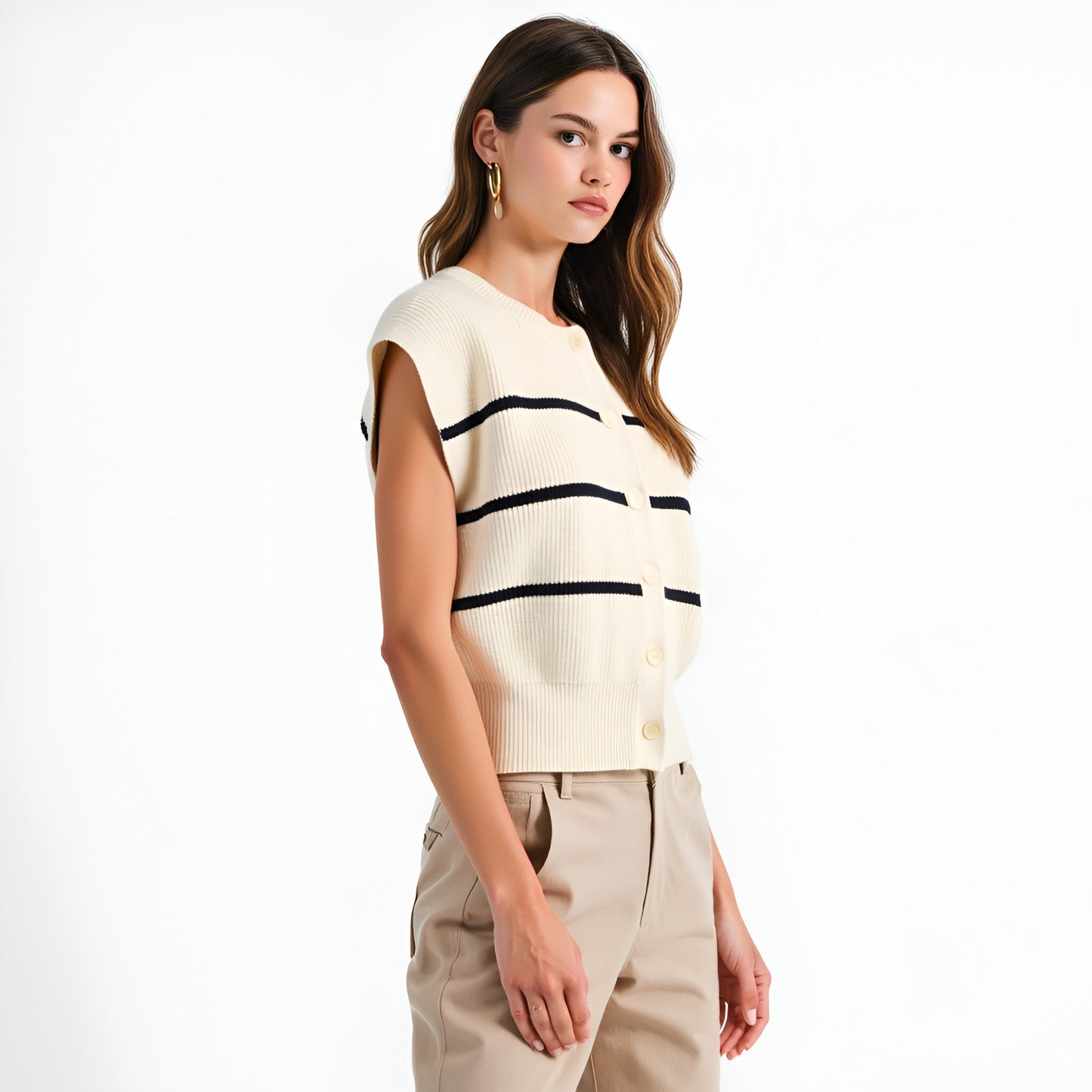 Sleeveless Ribbed Knit Cardigan Top with Horizontal Stripe Detail