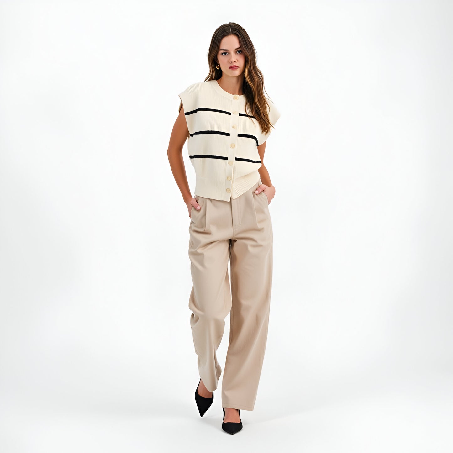 Sleeveless Ribbed Knit Cardigan Top with Horizontal Stripe Detail