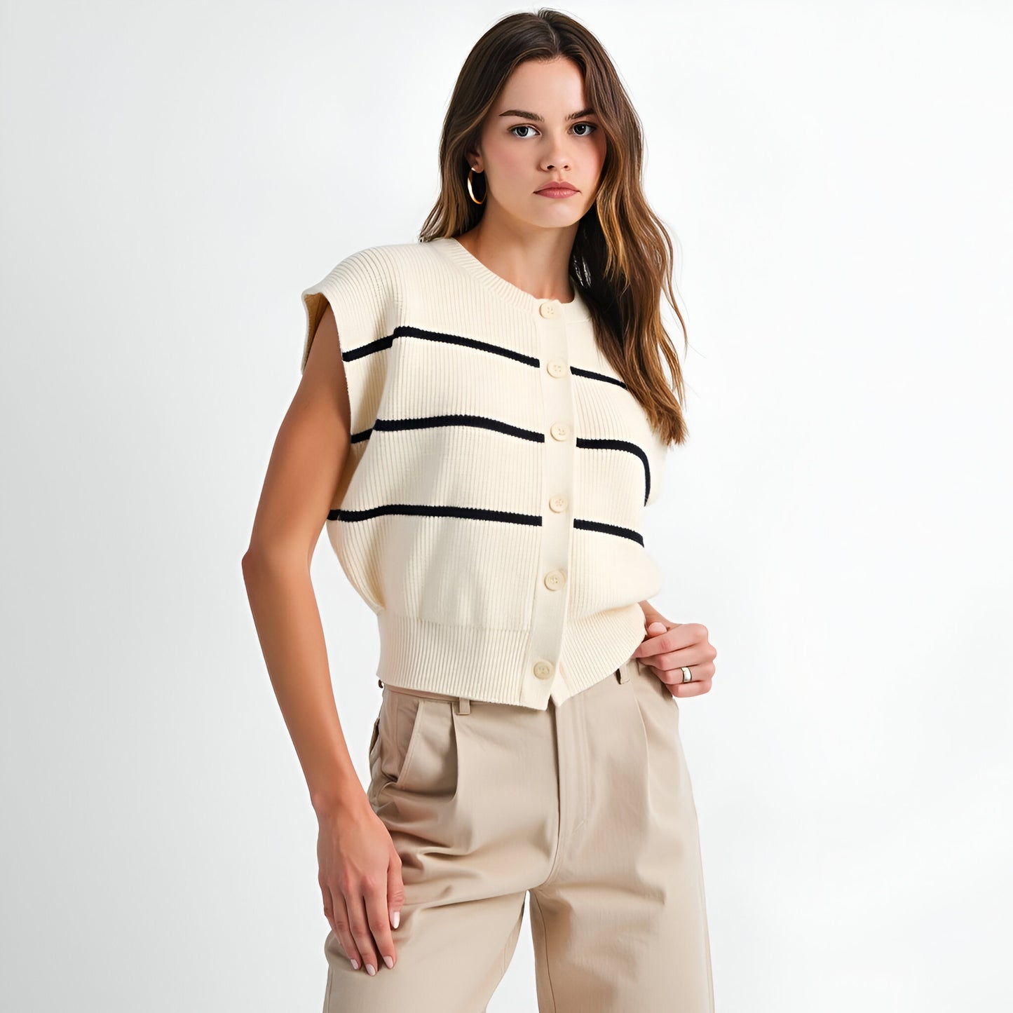 Sleeveless Ribbed Knit Cardigan Top with Horizontal Stripe Detail