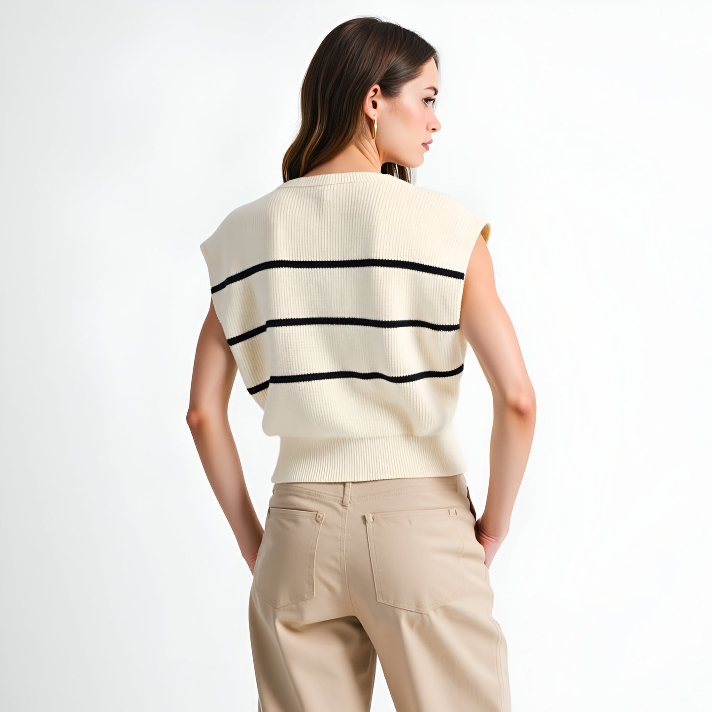 Sleeveless Ribbed Knit Cardigan Top with Horizontal Stripe Detail