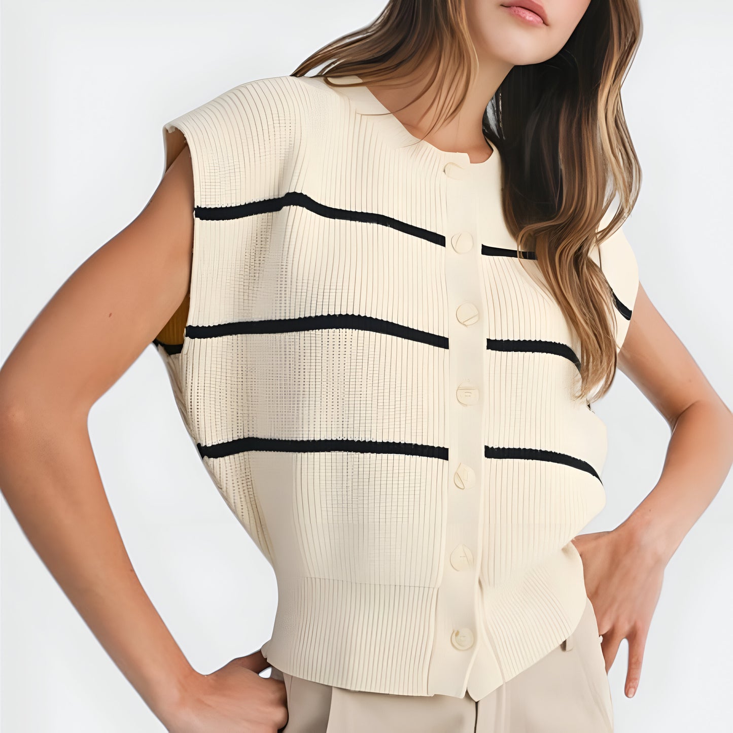Sleeveless Ribbed Knit Cardigan Top with Horizontal Stripe Detail