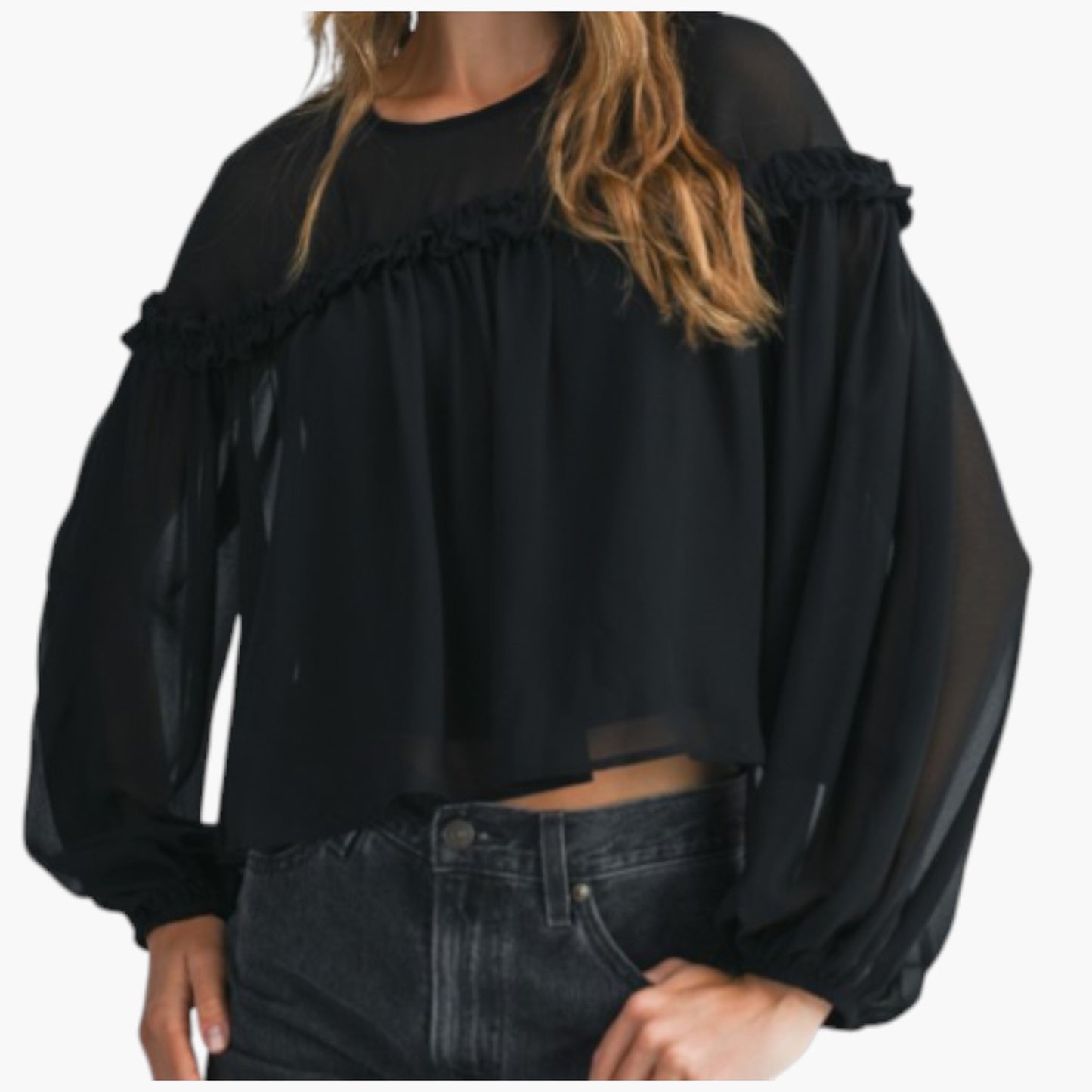 Sheer Long Sleeve Blouse with Ruffled Trim and Flowing Silhouette