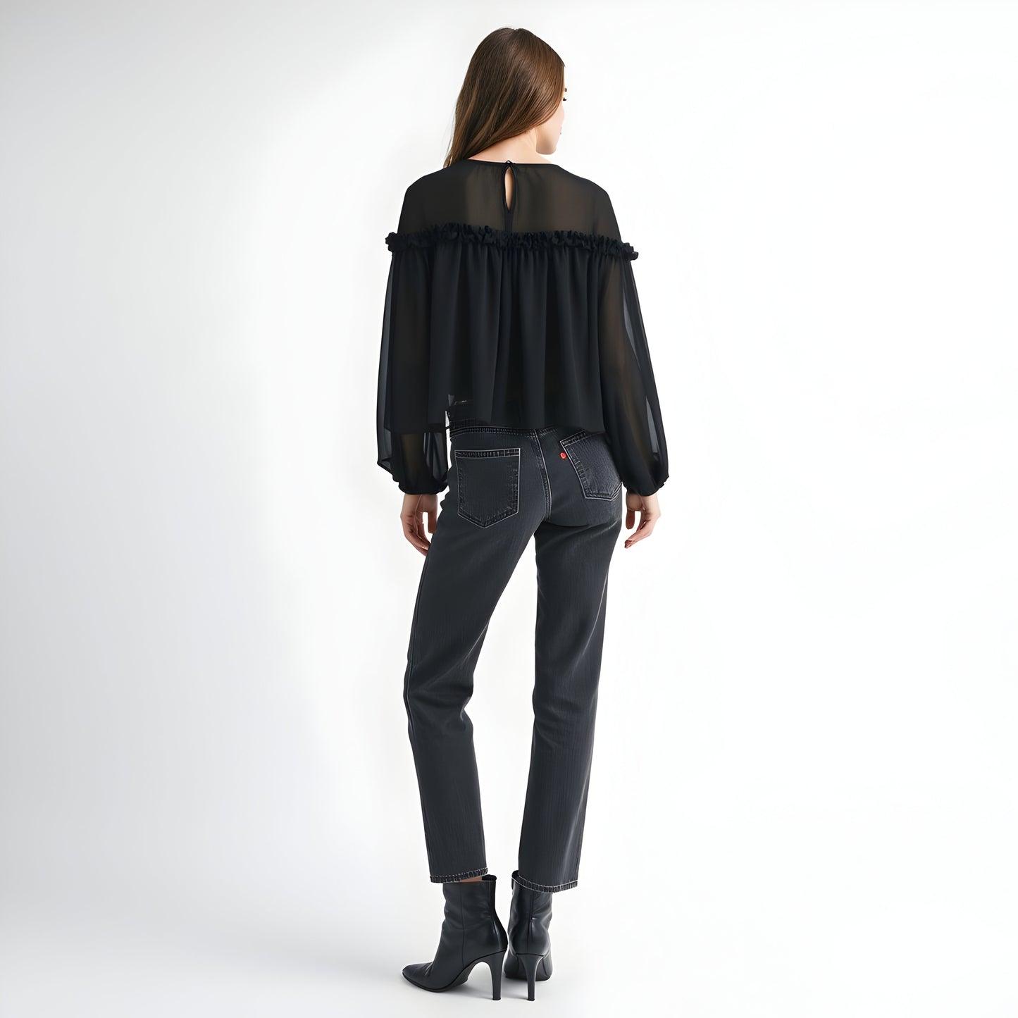 Sheer Long Sleeve Blouse with Ruffled Trim and Flowing Silhouette