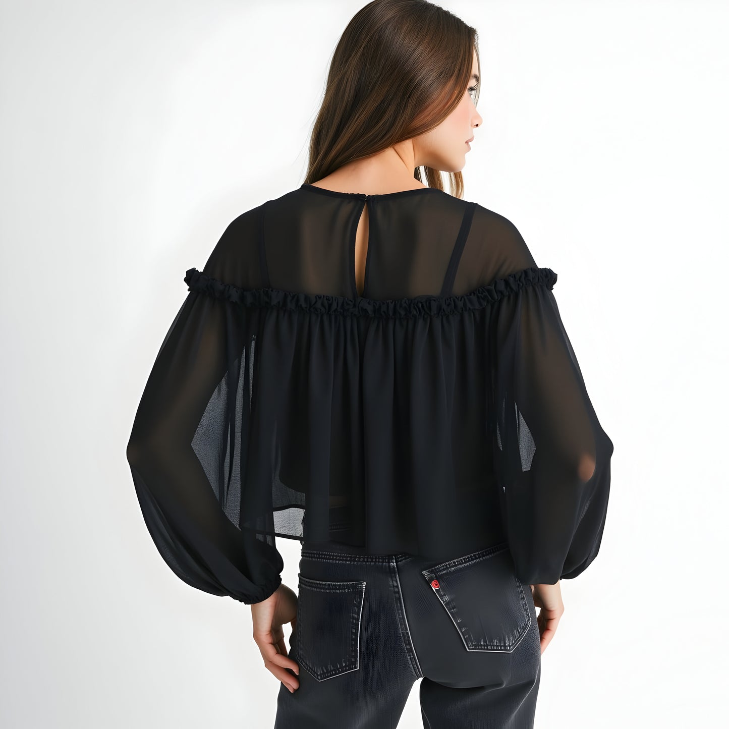 Sheer Long Sleeve Blouse with Ruffled Trim and Flowing Silhouette