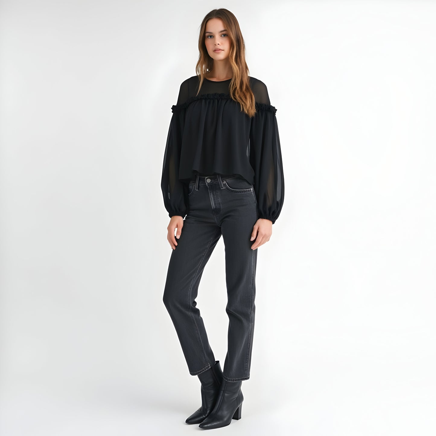 Sheer Long Sleeve Blouse with Ruffled Trim and Flowing Silhouette