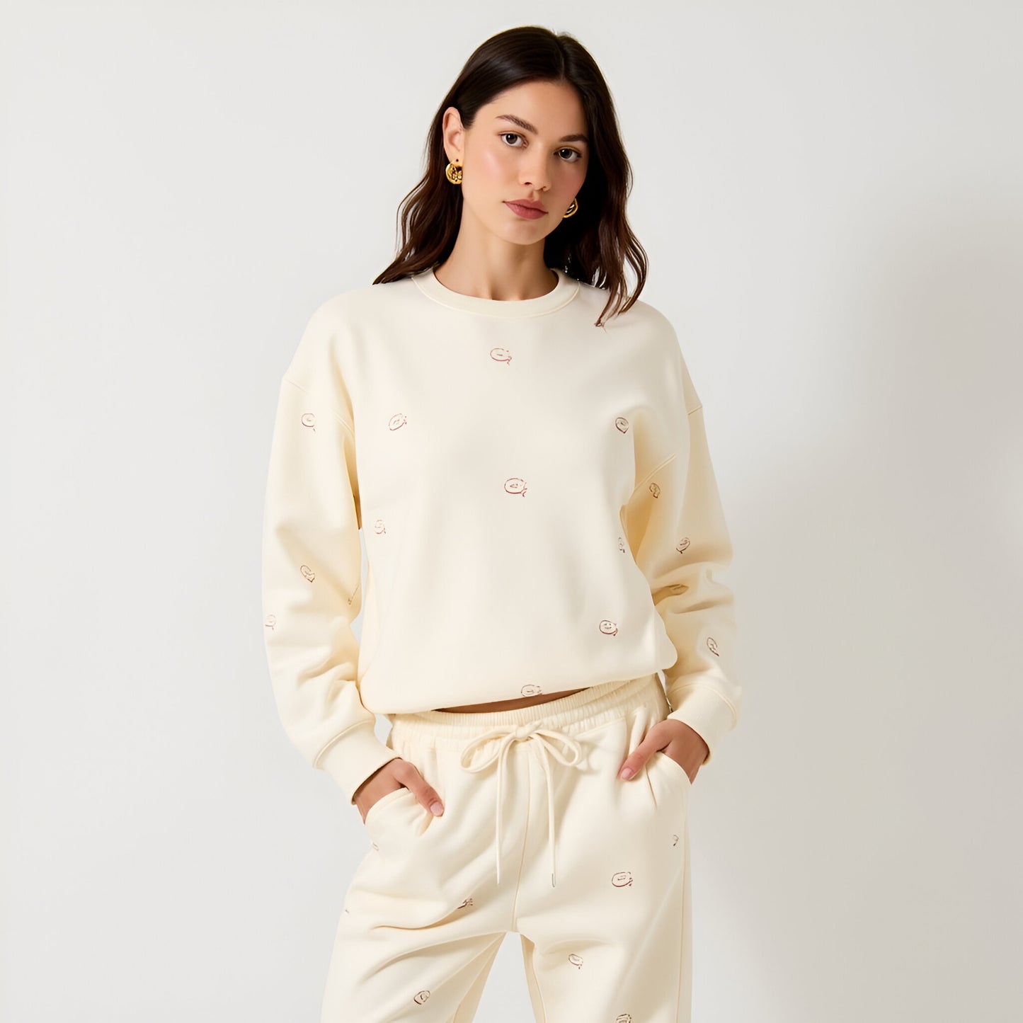 Bakery Embroidered Cream Lounge Set with Relaxed Fit Sweatshirt and Wide Leg Pants