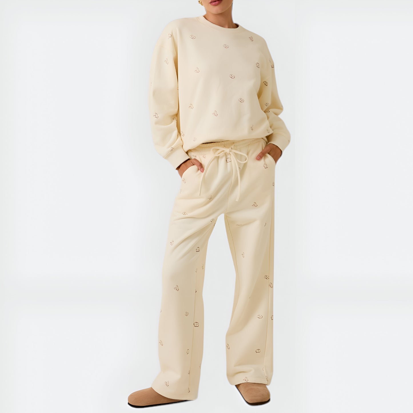 Bakery Embroidered Cream Lounge Set with Relaxed Fit Sweatshirt and Wide Leg Pants