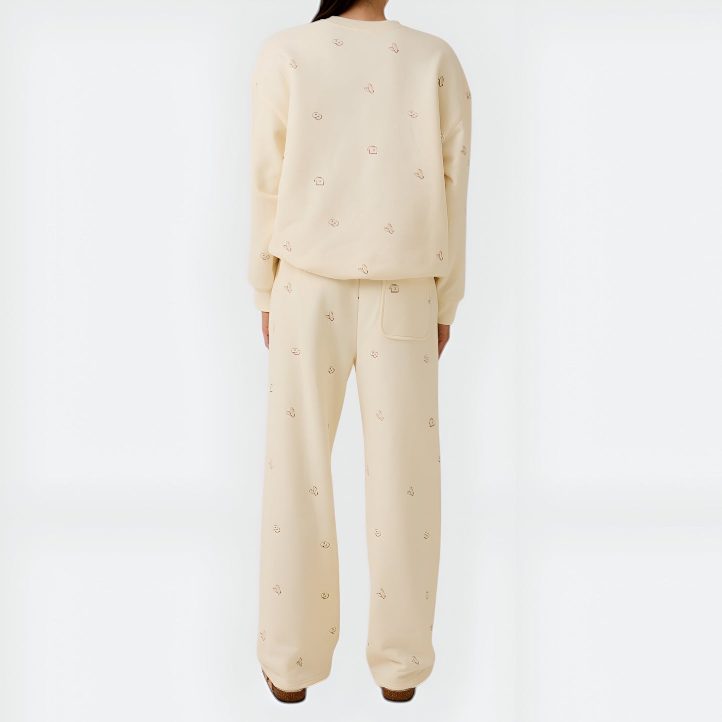 Bakery Embroidered Cream Lounge Set with Relaxed Fit Sweatshirt and Wide Leg Pants
