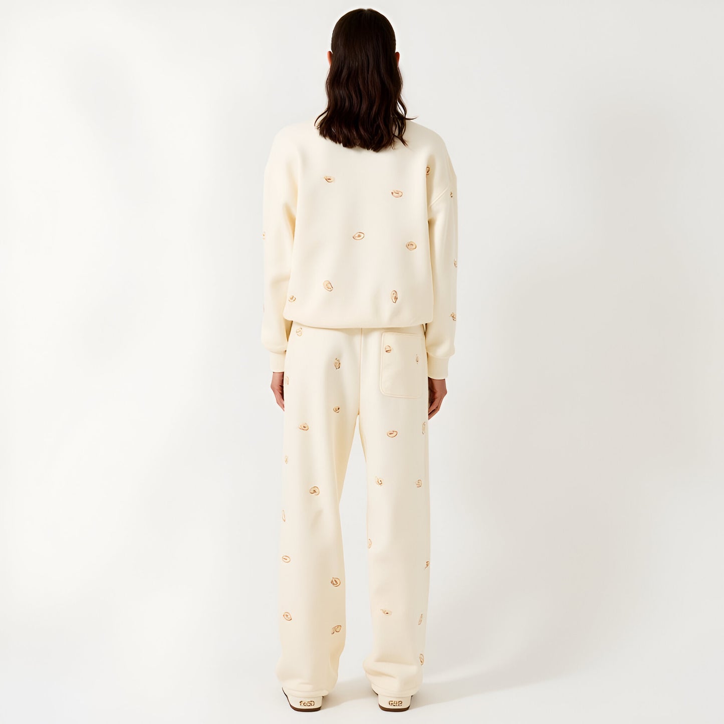 Bakery Embroidered Cream Lounge Set with Relaxed Fit Sweatshirt and Wide Leg Pants