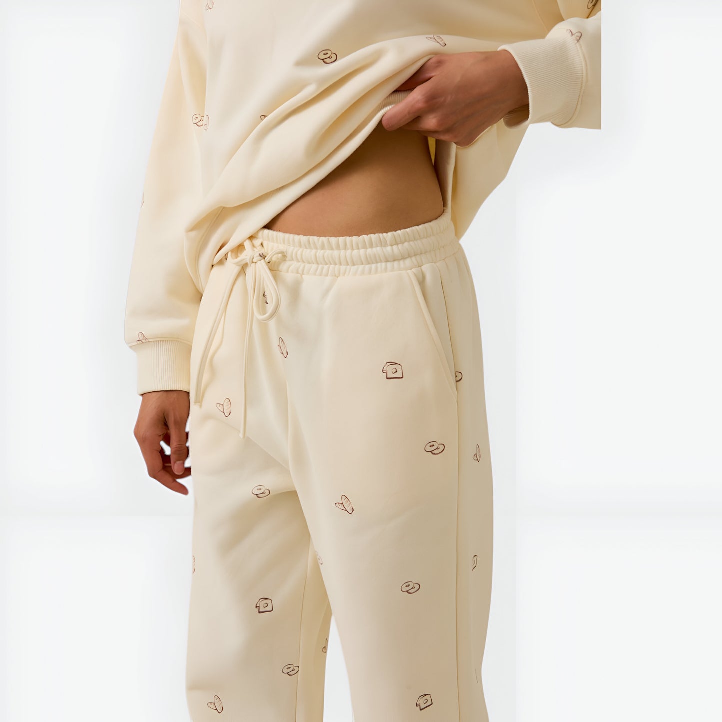 Bakery Embroidered Cream Lounge Set with Relaxed Fit Sweatshirt and Wide Leg Pants