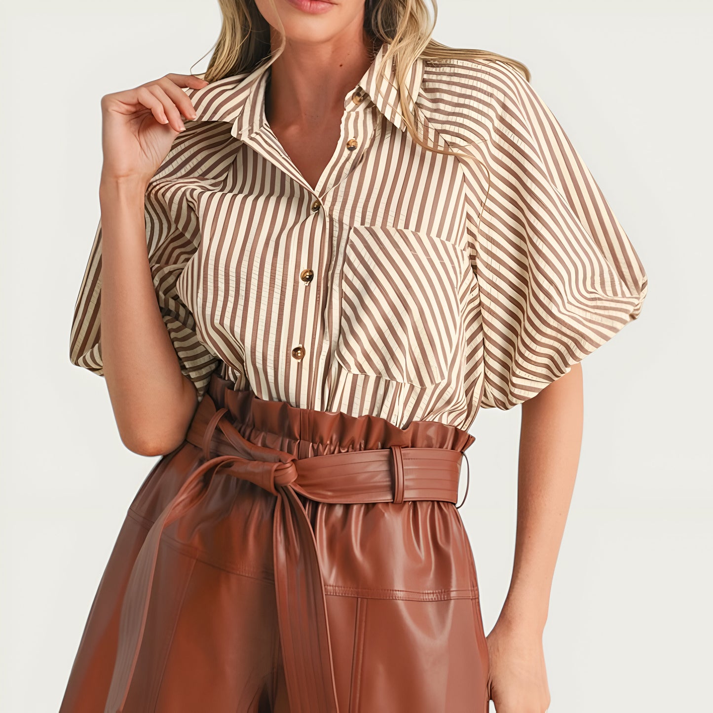 Striped Short Sleeve Button-Up Shirt with Chest Pocket