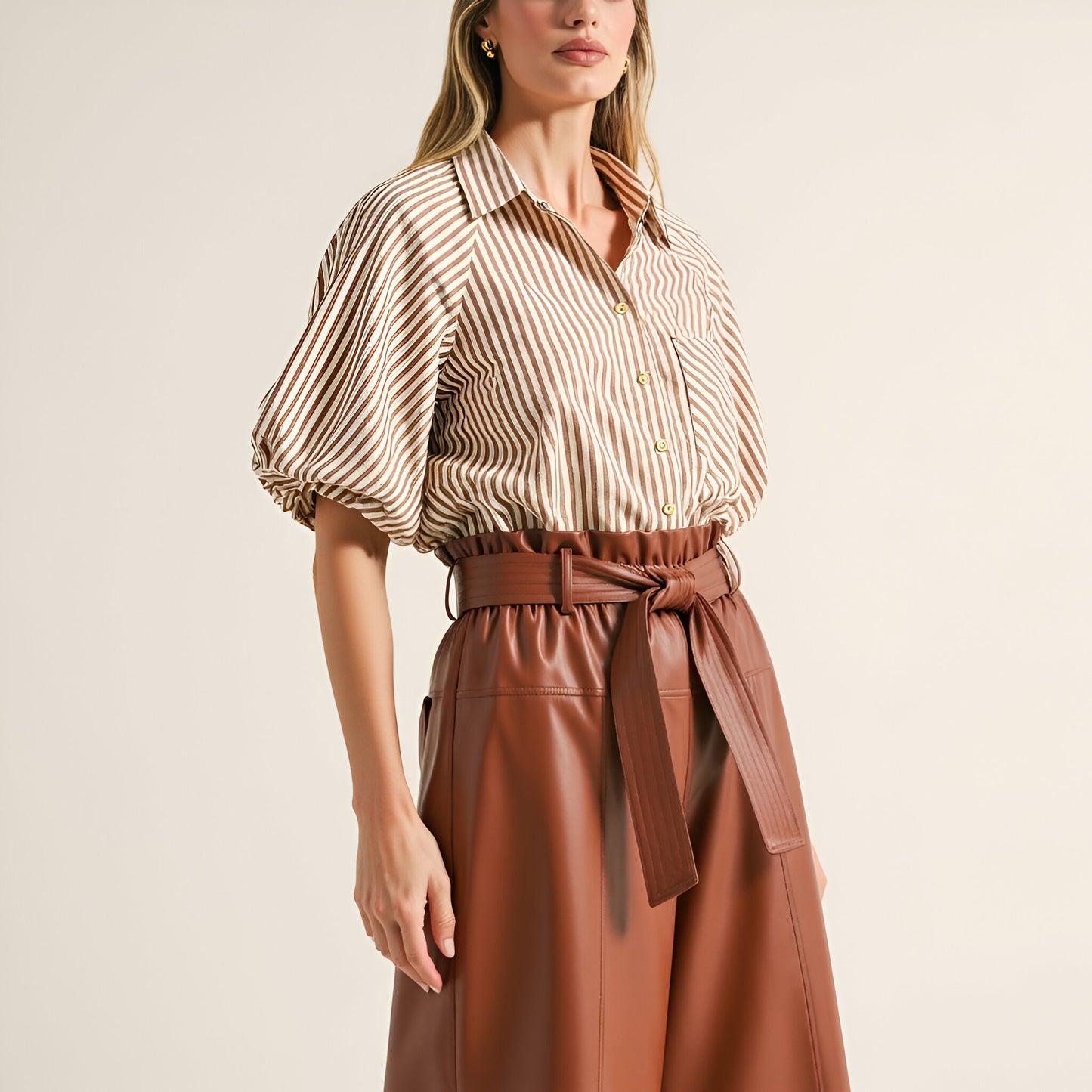 Striped Short Sleeve Button-Up Shirt with Chest Pocket