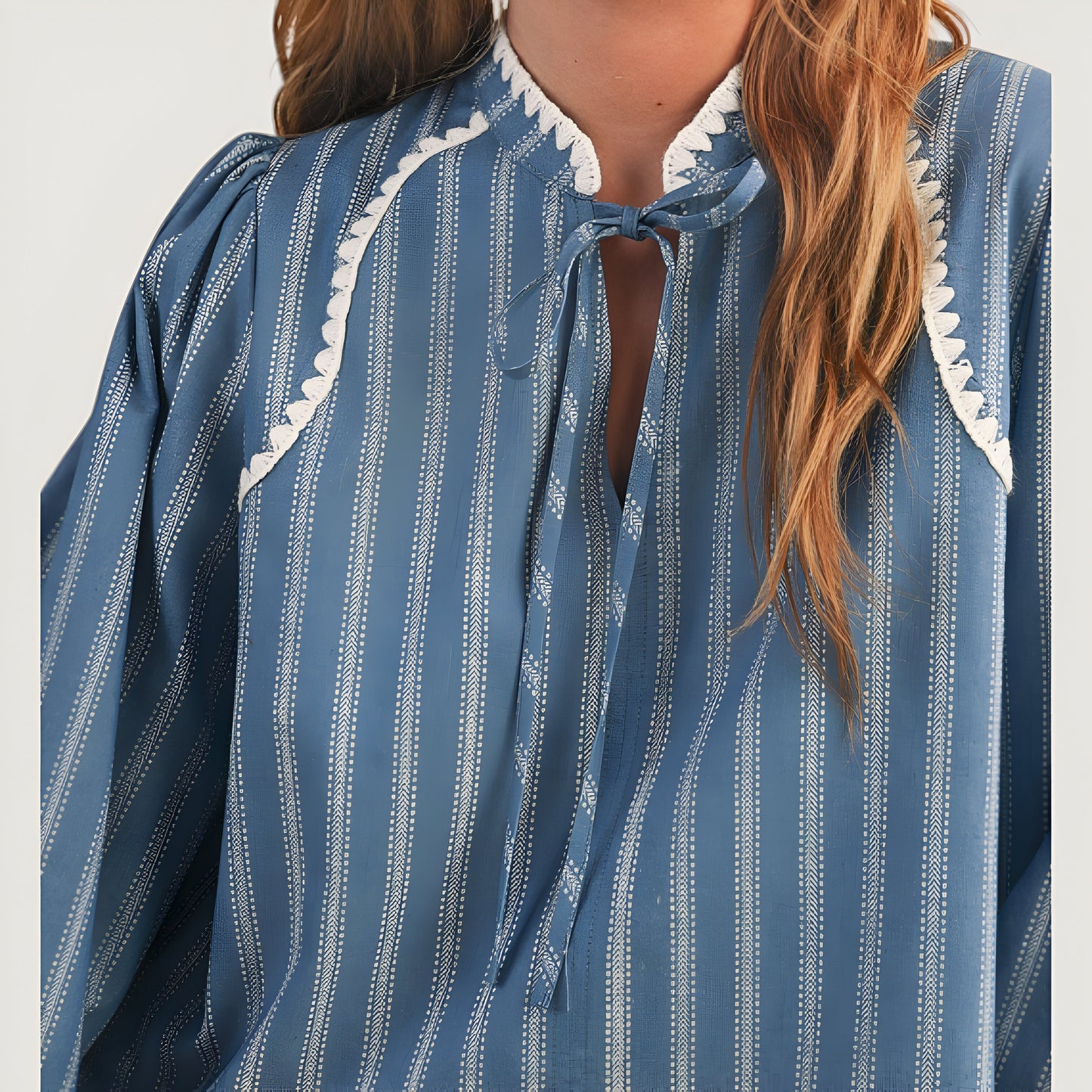 Striped Long Sleeve Blouse with Tie Neckline and Lace Trim Details