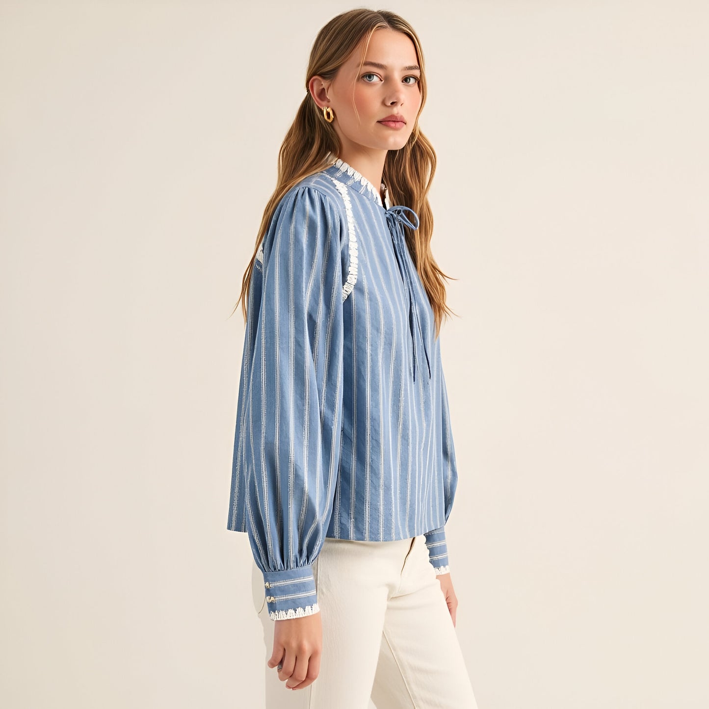 Striped Long Sleeve Blouse with Tie Neckline and Lace Trim Details