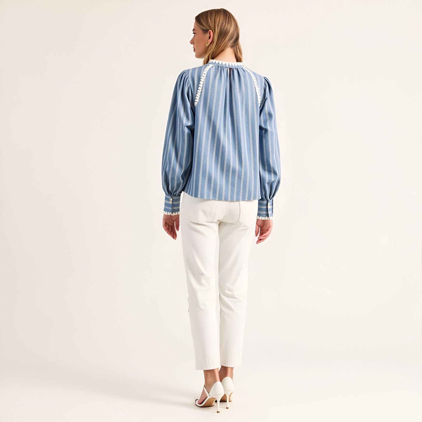 Striped Long Sleeve Blouse with Tie Neckline and Lace Trim Details
