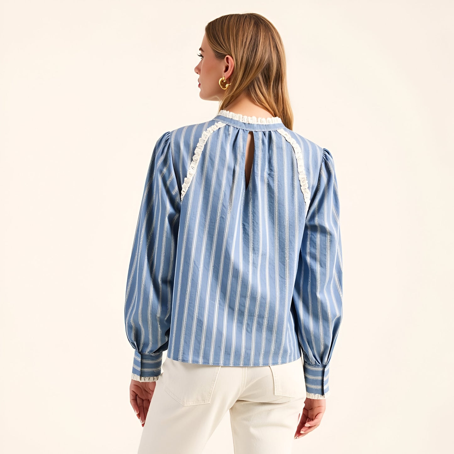 Striped Long Sleeve Blouse with Tie Neckline and Lace Trim Details