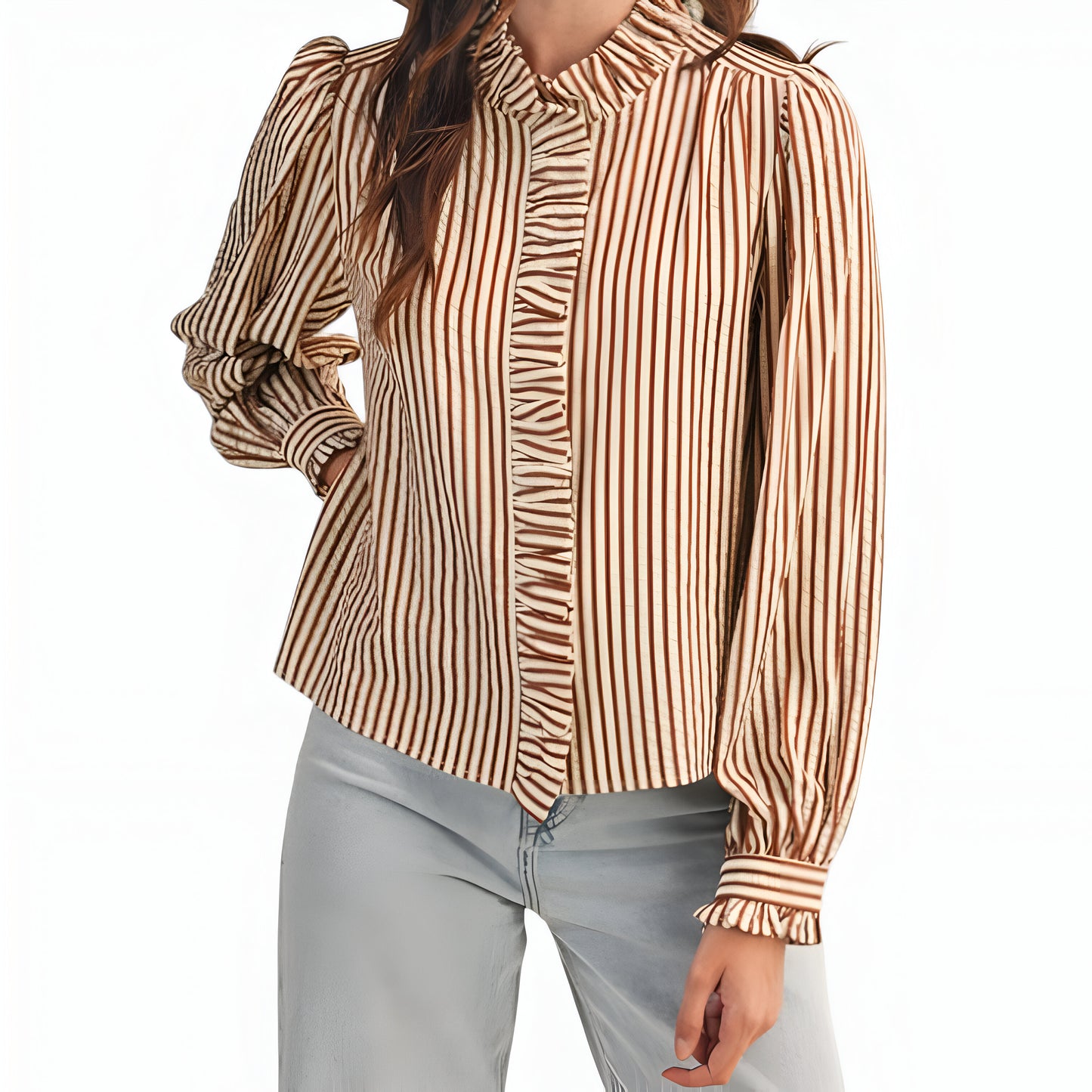 Striped Puff Sleeve Blouse with Ruffled Trim and Covered Placket