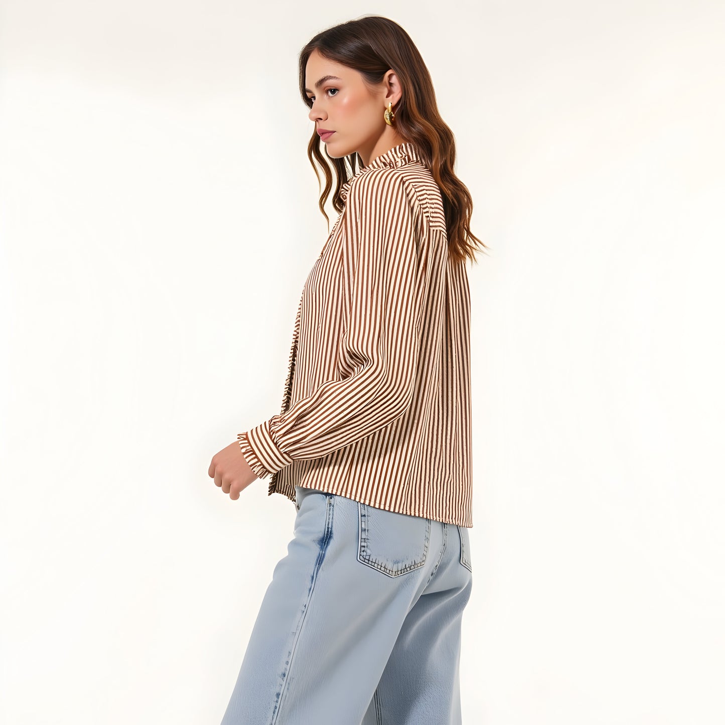 Striped Puff Sleeve Blouse with Ruffled Trim and Covered Placket
