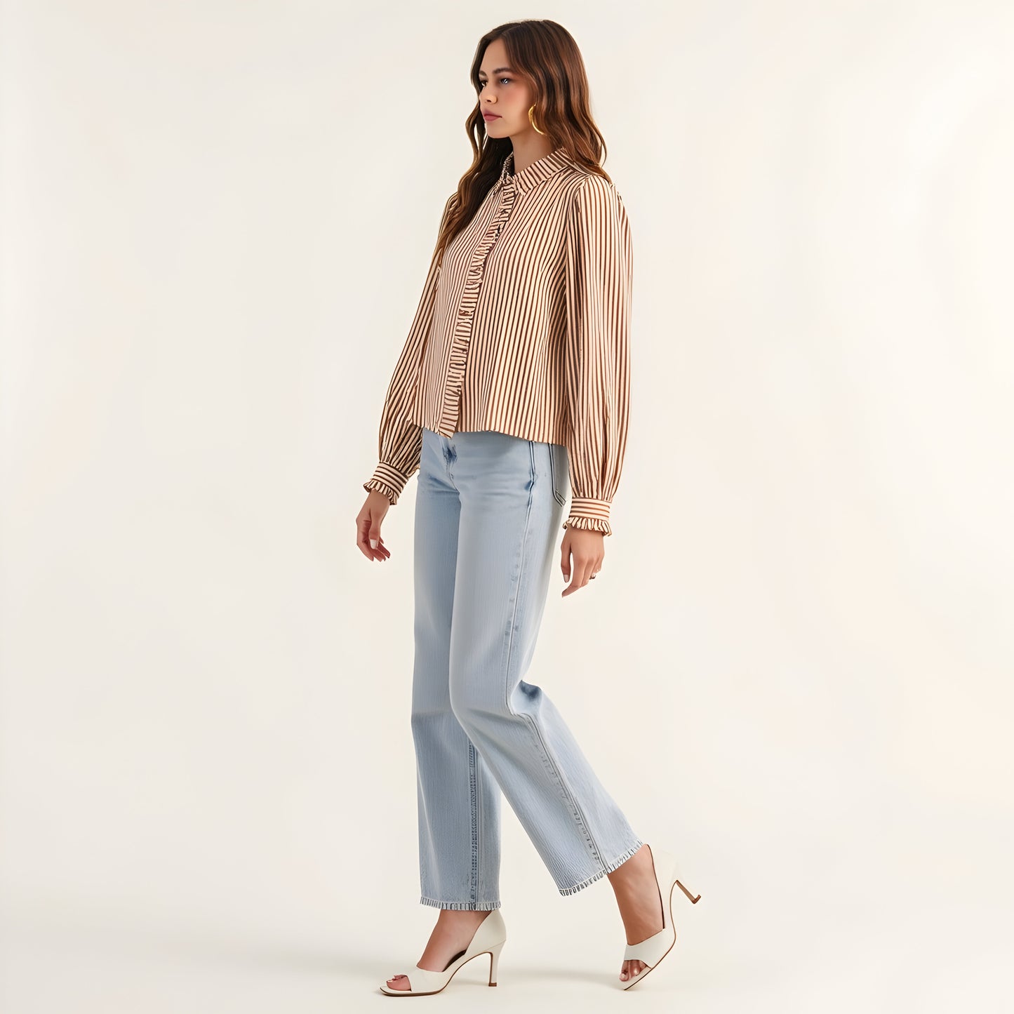 Striped Puff Sleeve Blouse with Ruffled Trim and Covered Placket